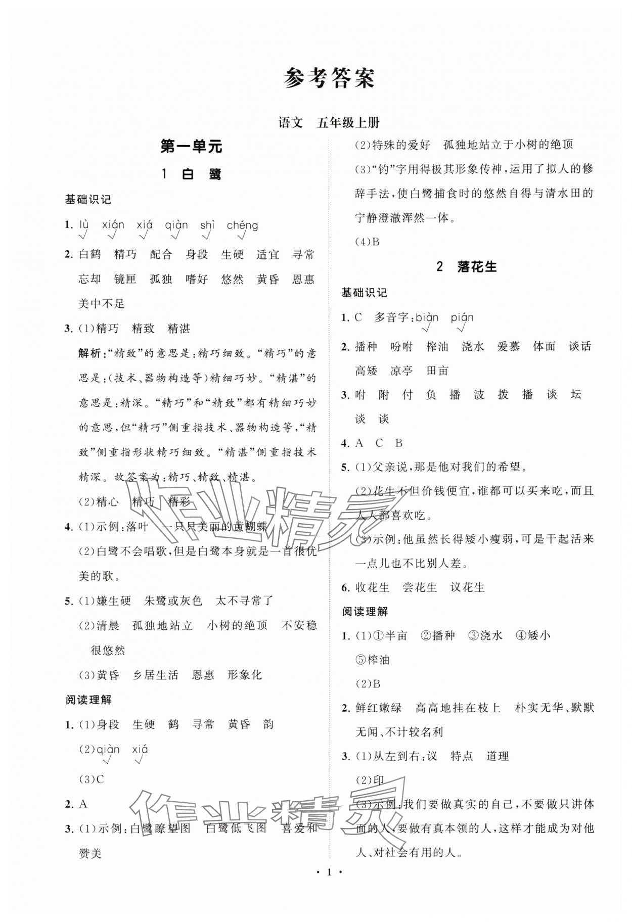 2025年同步练习册智慧拓展五年级语文上册人教版菏泽专版 参考答案第1页