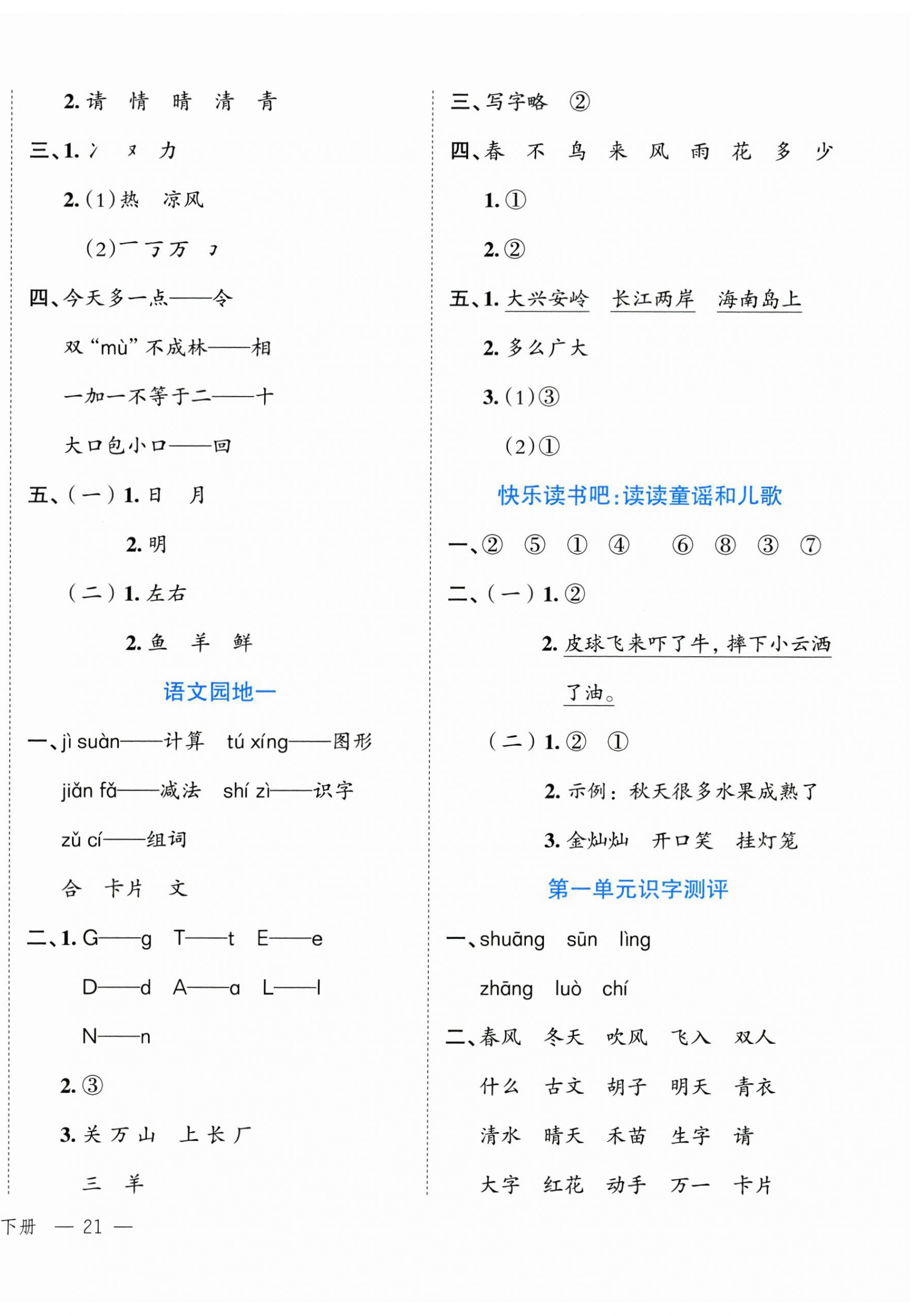 2025年名师面对面先学后练一年级语文下册人教版 参考答案第2页