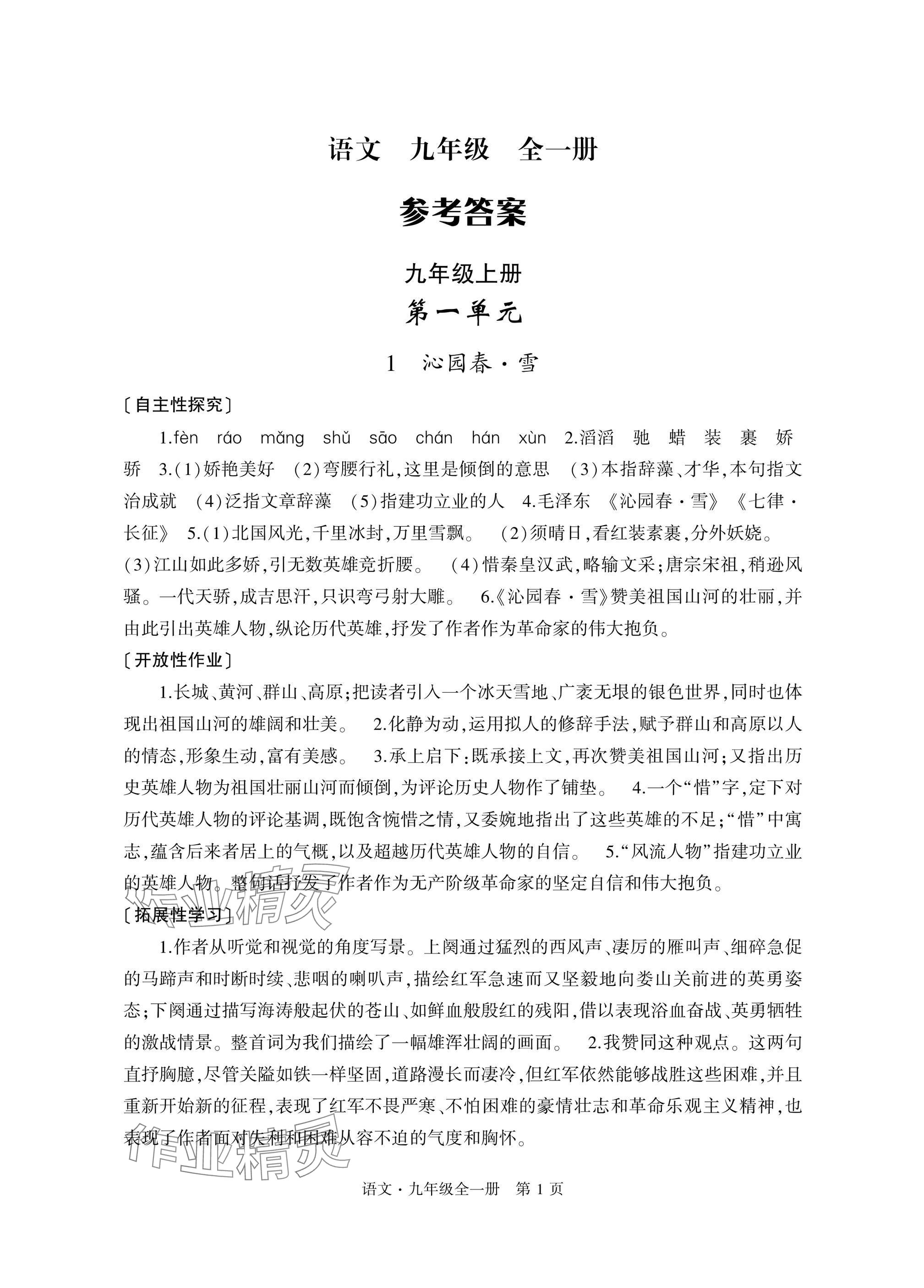 2025年自主学习指导课程与测试九年级语文全一册人教版 参考答案第1页