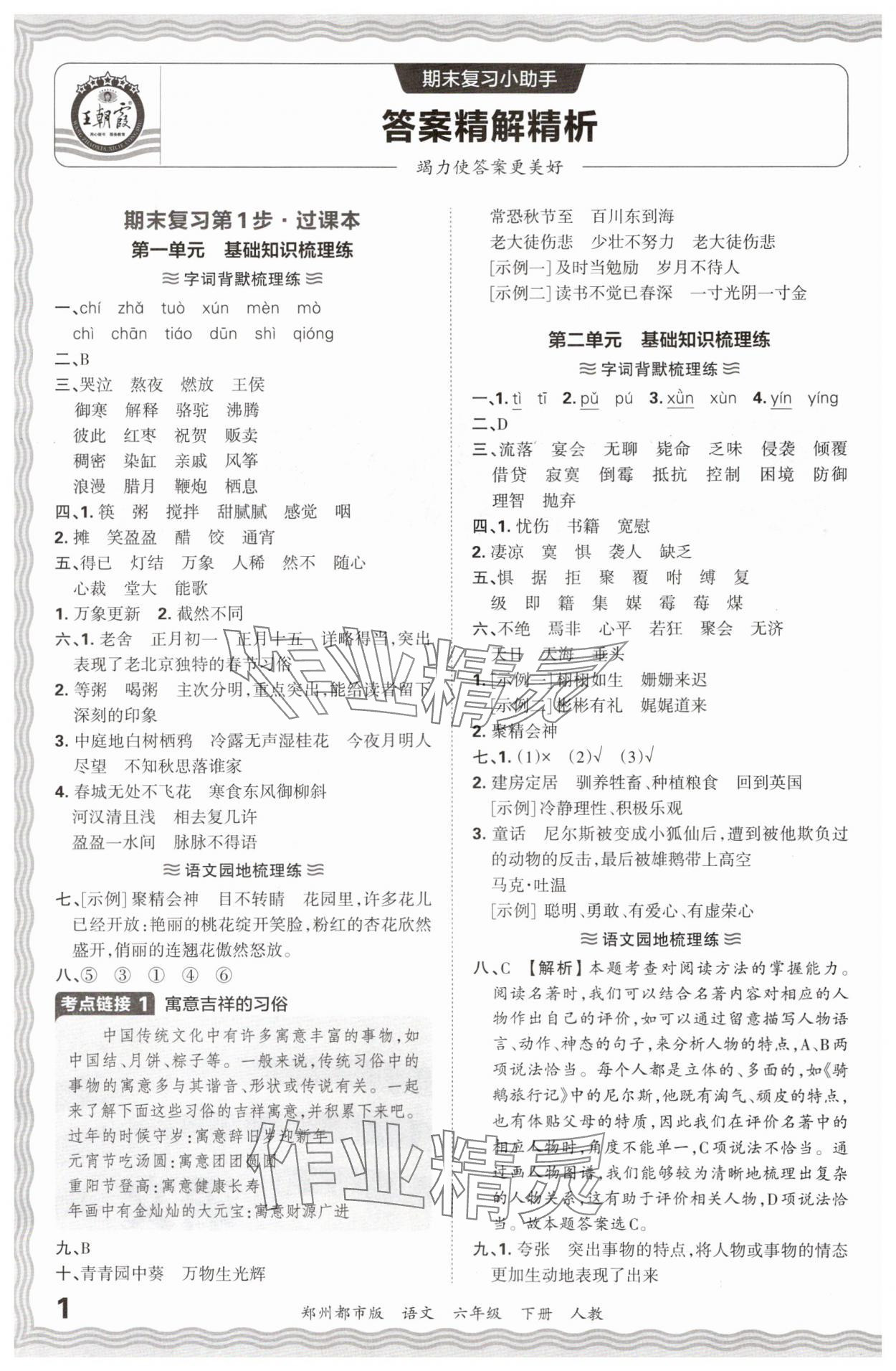 2024年王朝霞期末真题精编六年级语文下册人教版郑州专版 参考答案第1页