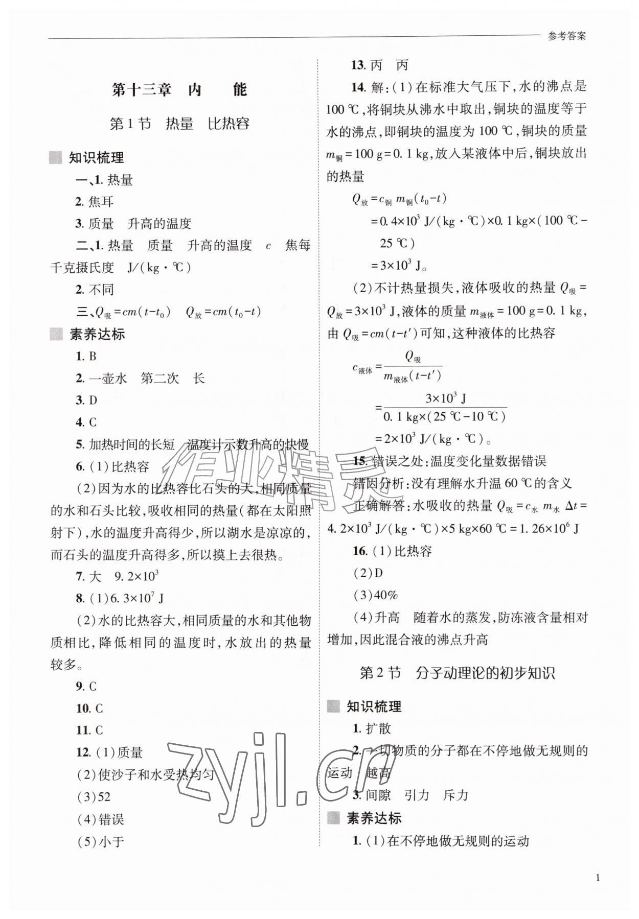 2026年新课程问题解决导学方案九年级物理全一册人教版&nbsp;参考答案第1页