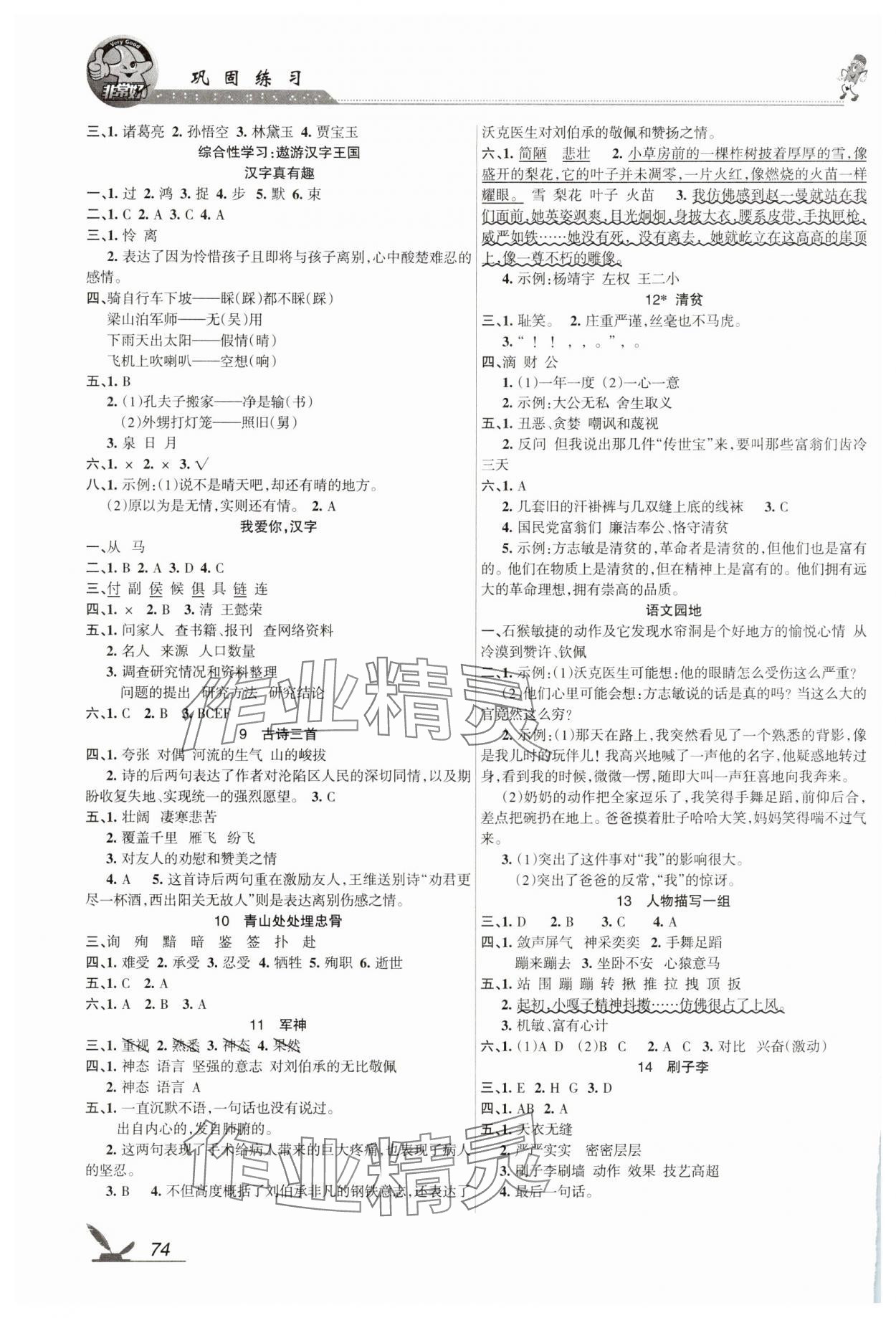 2025年全新鞏固練習五年級語文下冊人教版 參考答案第2頁