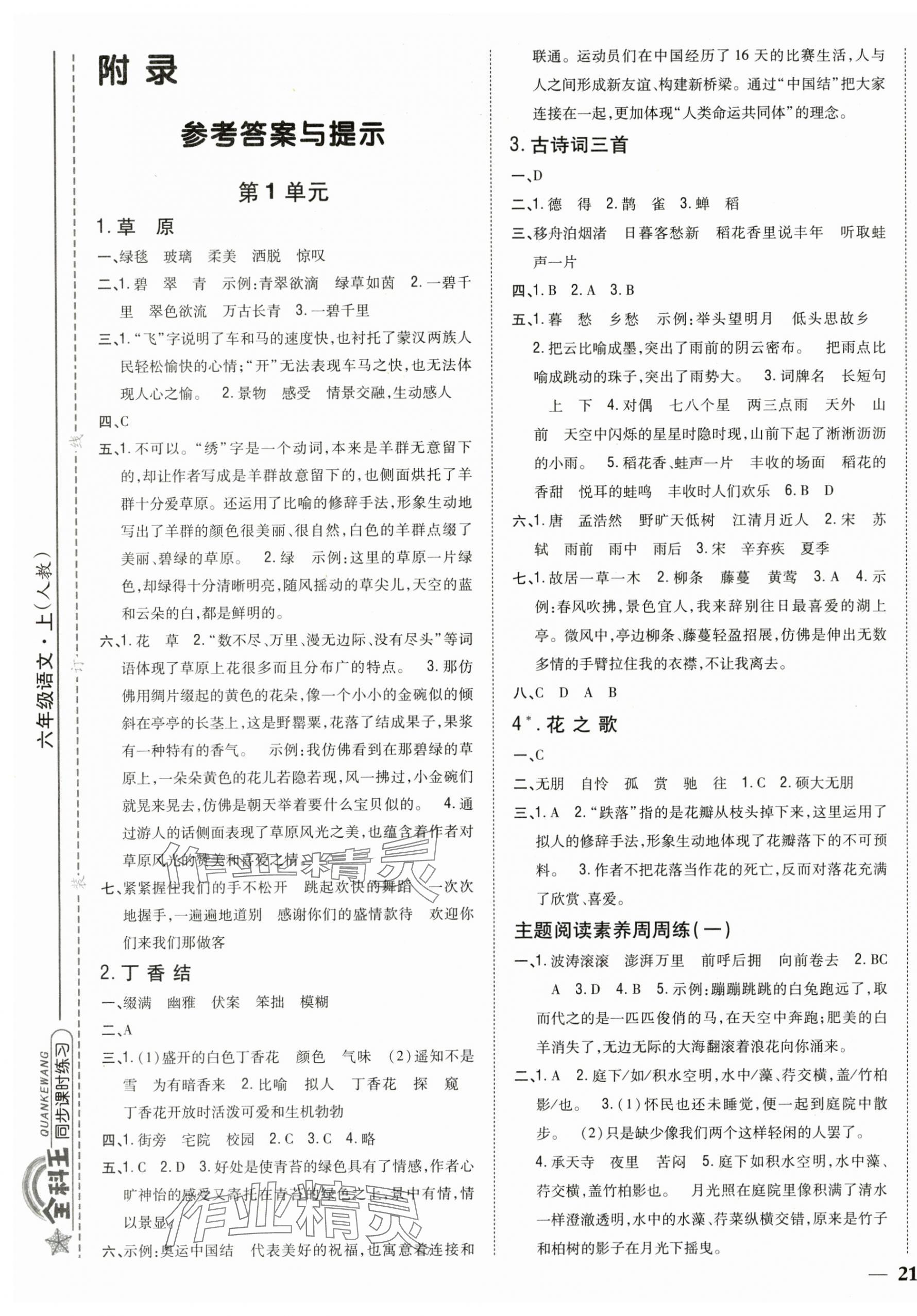 2025年全科王同步课时练习六年级语文上册人教版 第1页