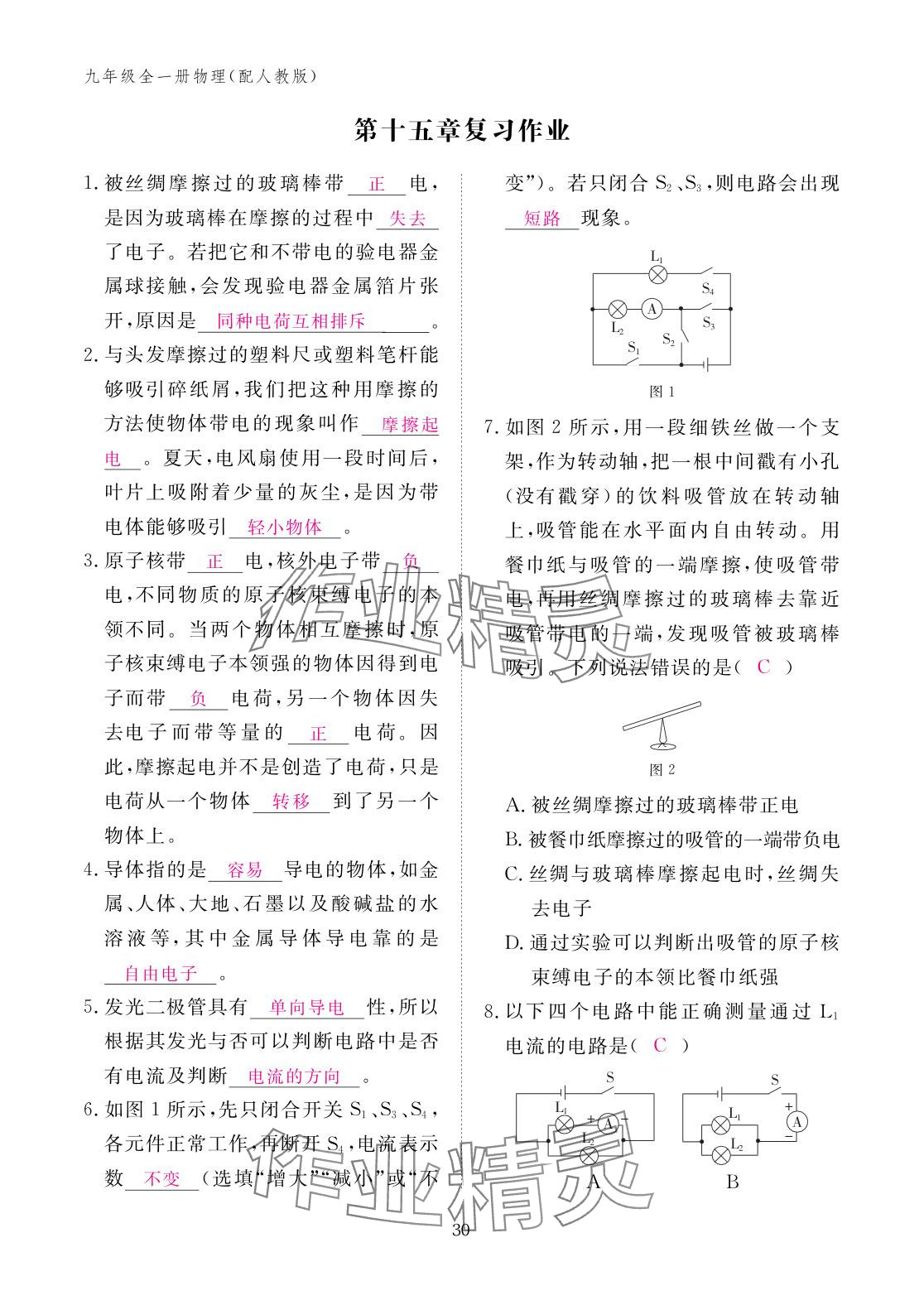 2025年作業本江西教育出版社九年級物理全一冊人教版 參考答案第30頁