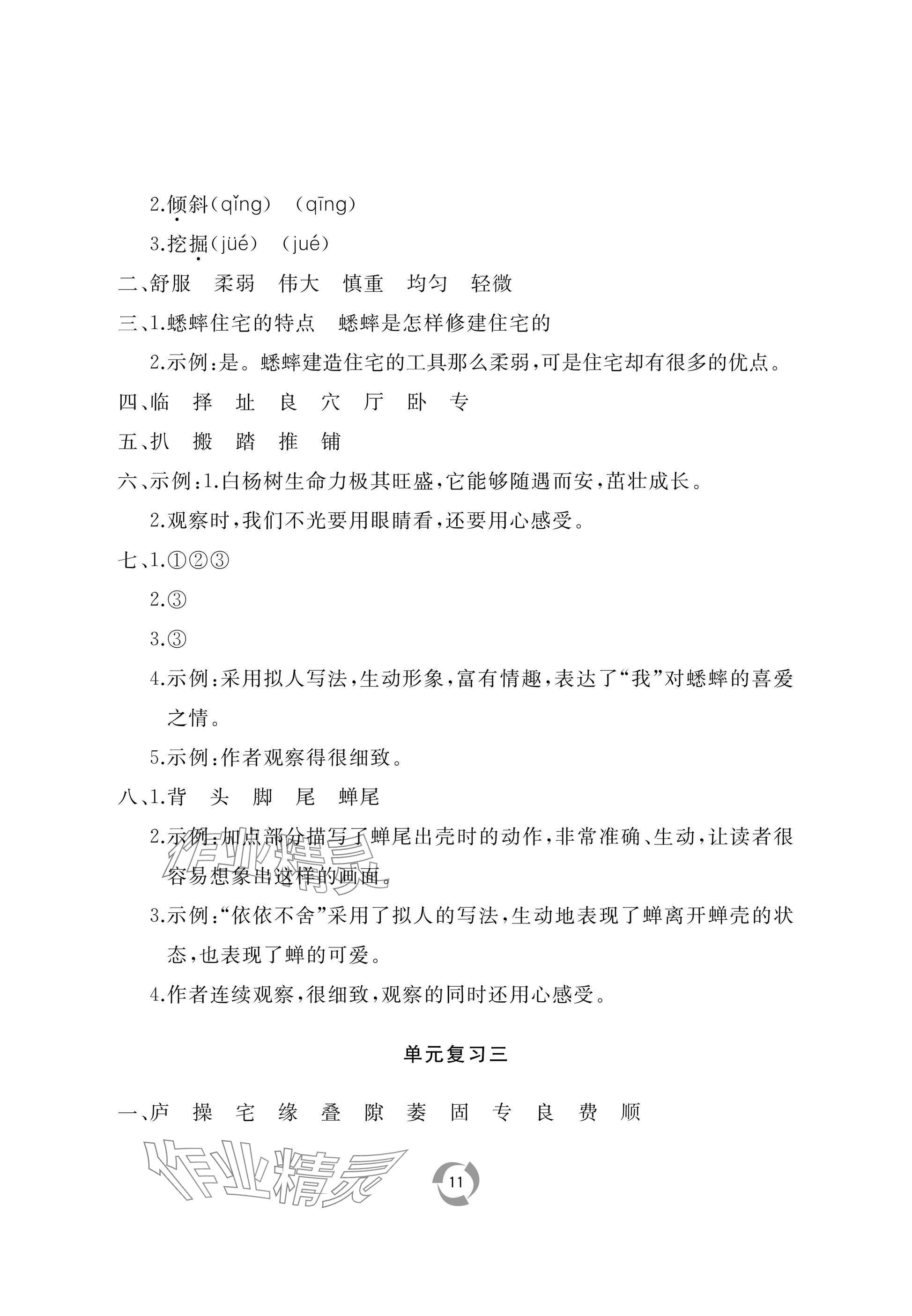 2025年新課堂同步學習與探究四年級語文上冊人教版棗莊專版 參考答案第11頁