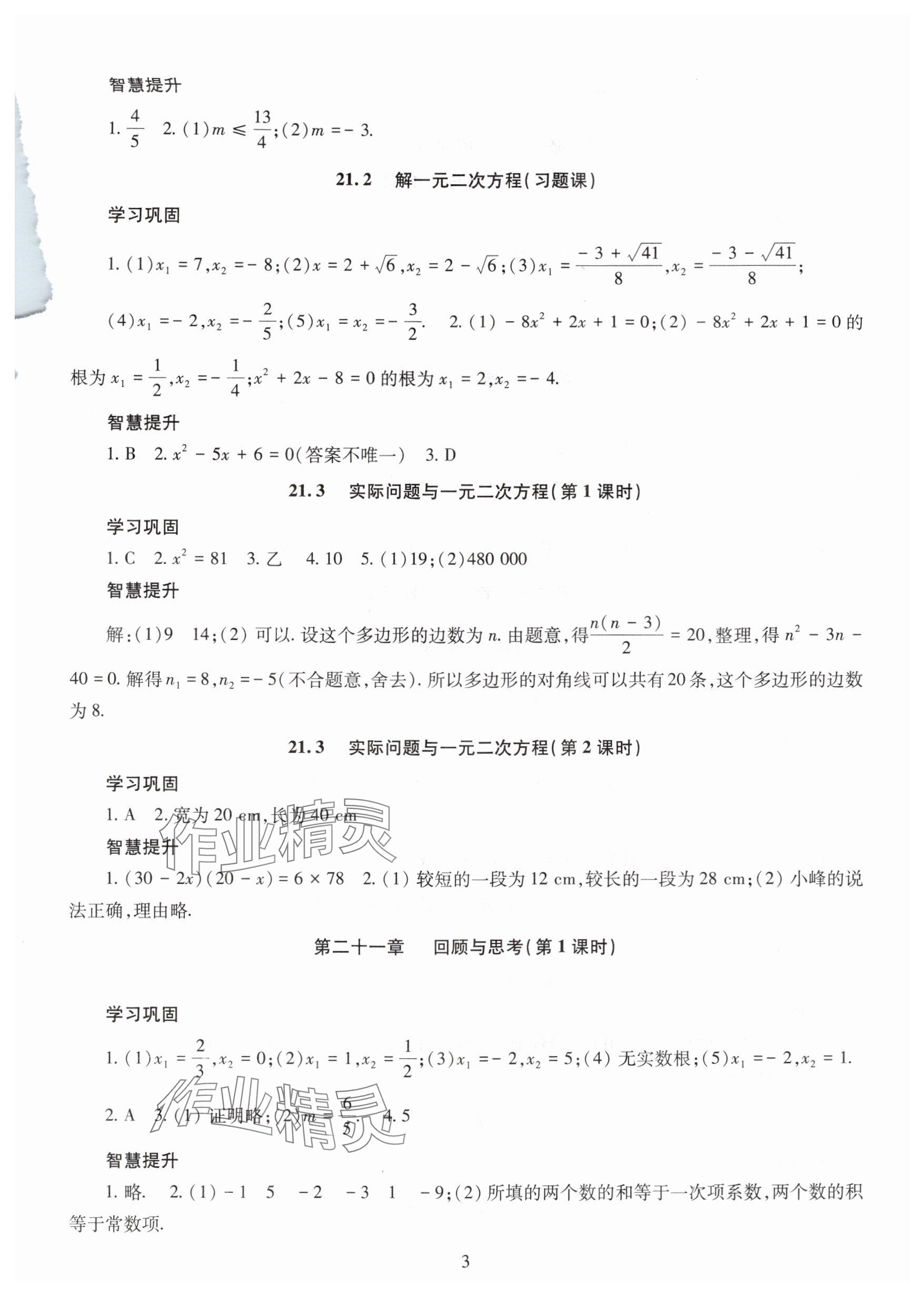 2025年智慧学习明天出版社九年级数学全一册人教版 参考答案第3页