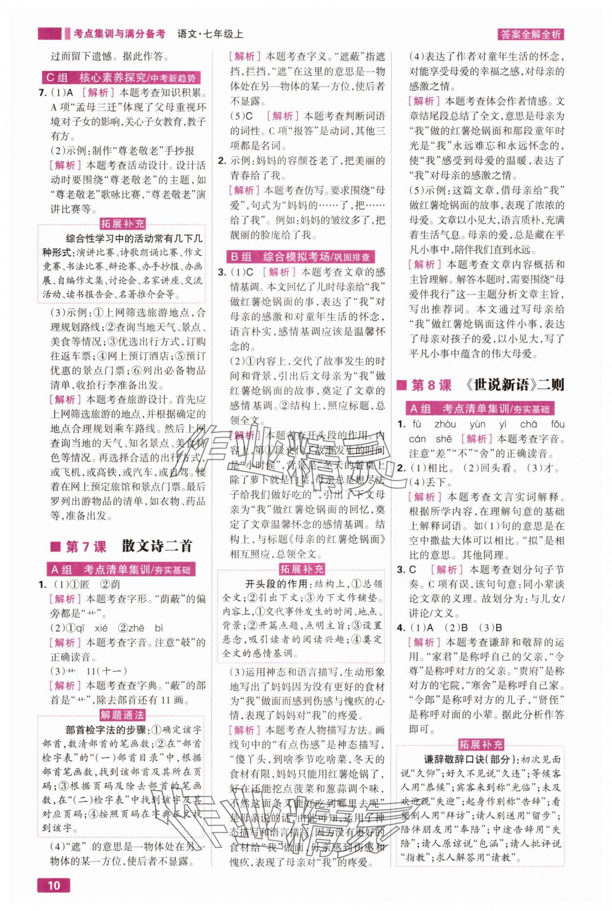2025年考点集训与满分备考七年级语文上册人教版 第10页