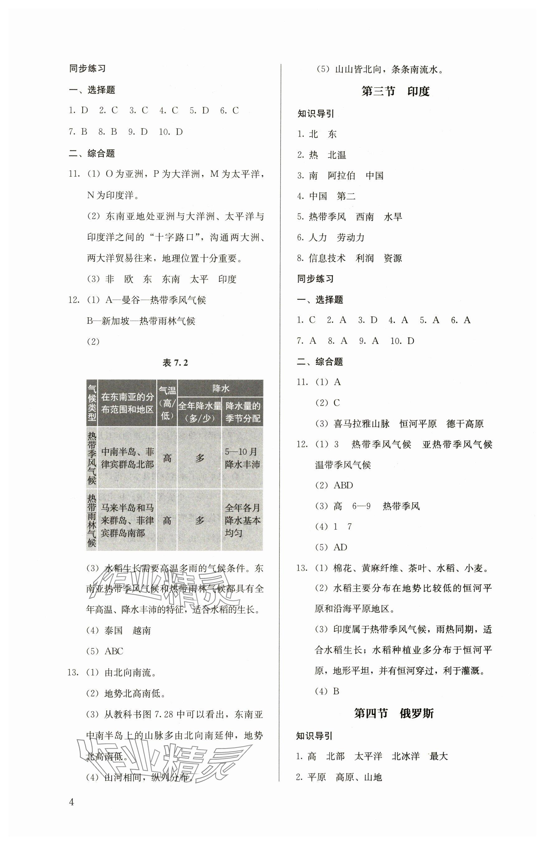 2024年人教金学典同步解析与测评七年级地理下册人教版 参考答案第4页