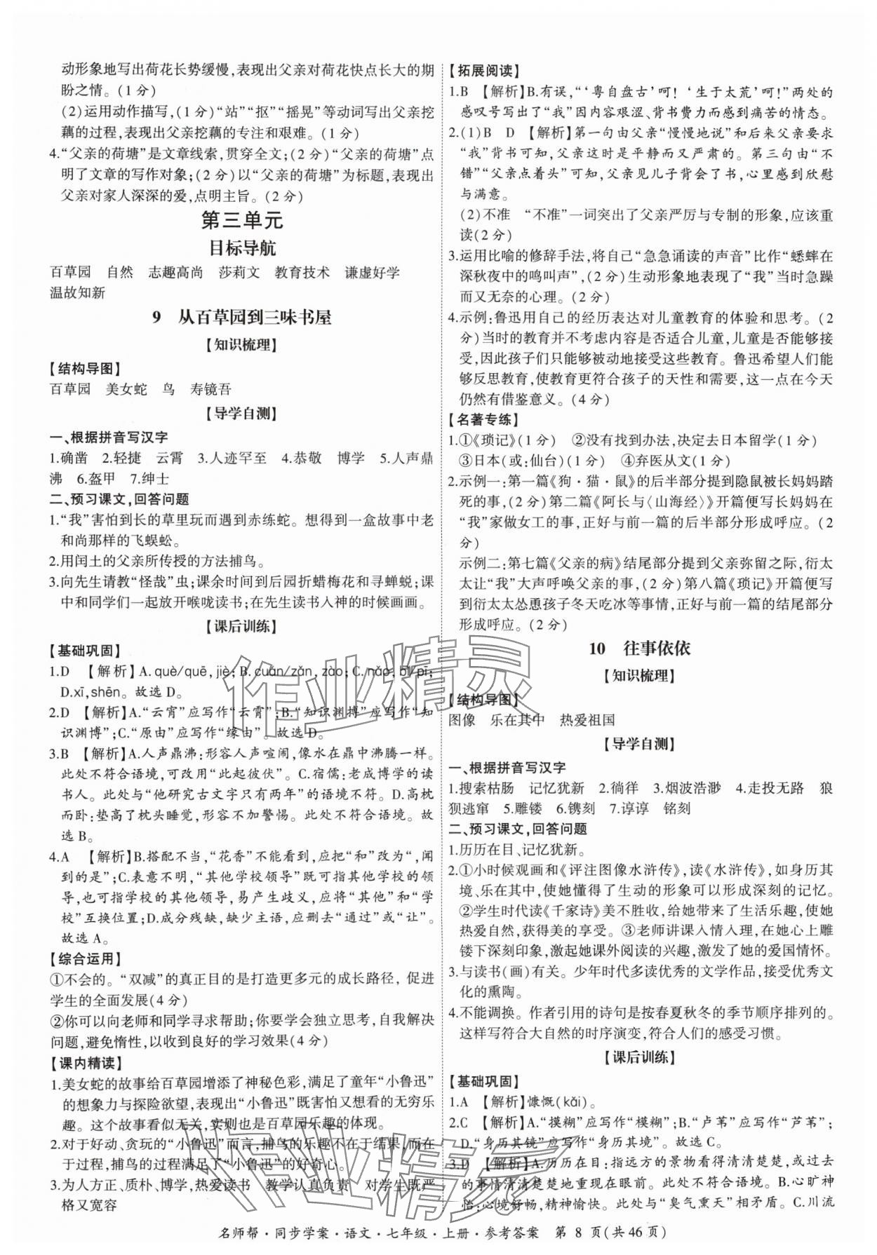 2024年名師幫同步學(xué)案七年級語文上冊人教版 參考答案第8頁