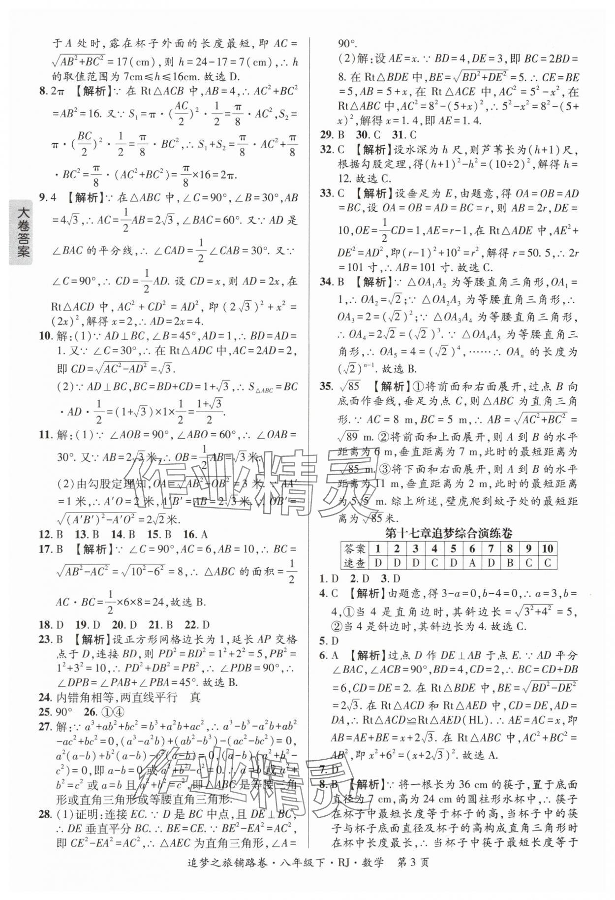 2024年追夢之旅鋪路卷八年級數(shù)學(xué)下冊人教版河南專版 參考答案第3頁