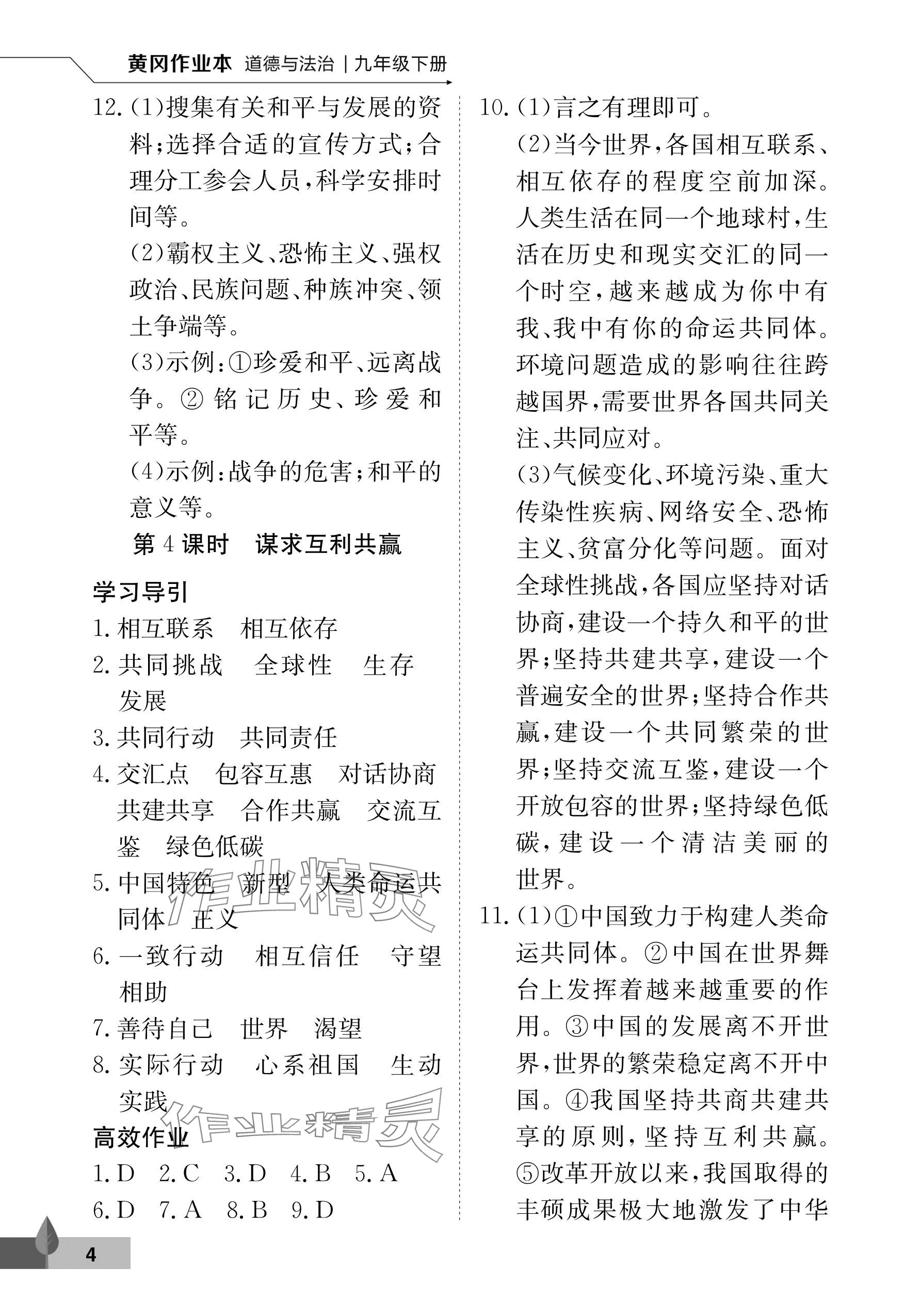 2025年黃岡作業(yè)本武漢大學出版社九年級道德與法治下冊人教版 參考答案第4頁