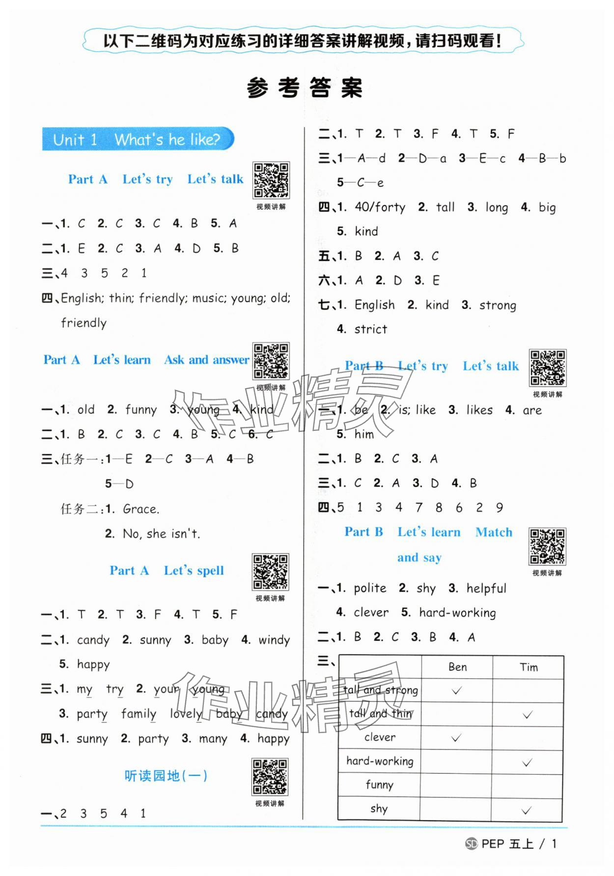 2024年陽光同學(xué)課時(shí)優(yōu)化作業(yè)五年級(jí)英語上冊人教版山東專版 參考答案第1頁