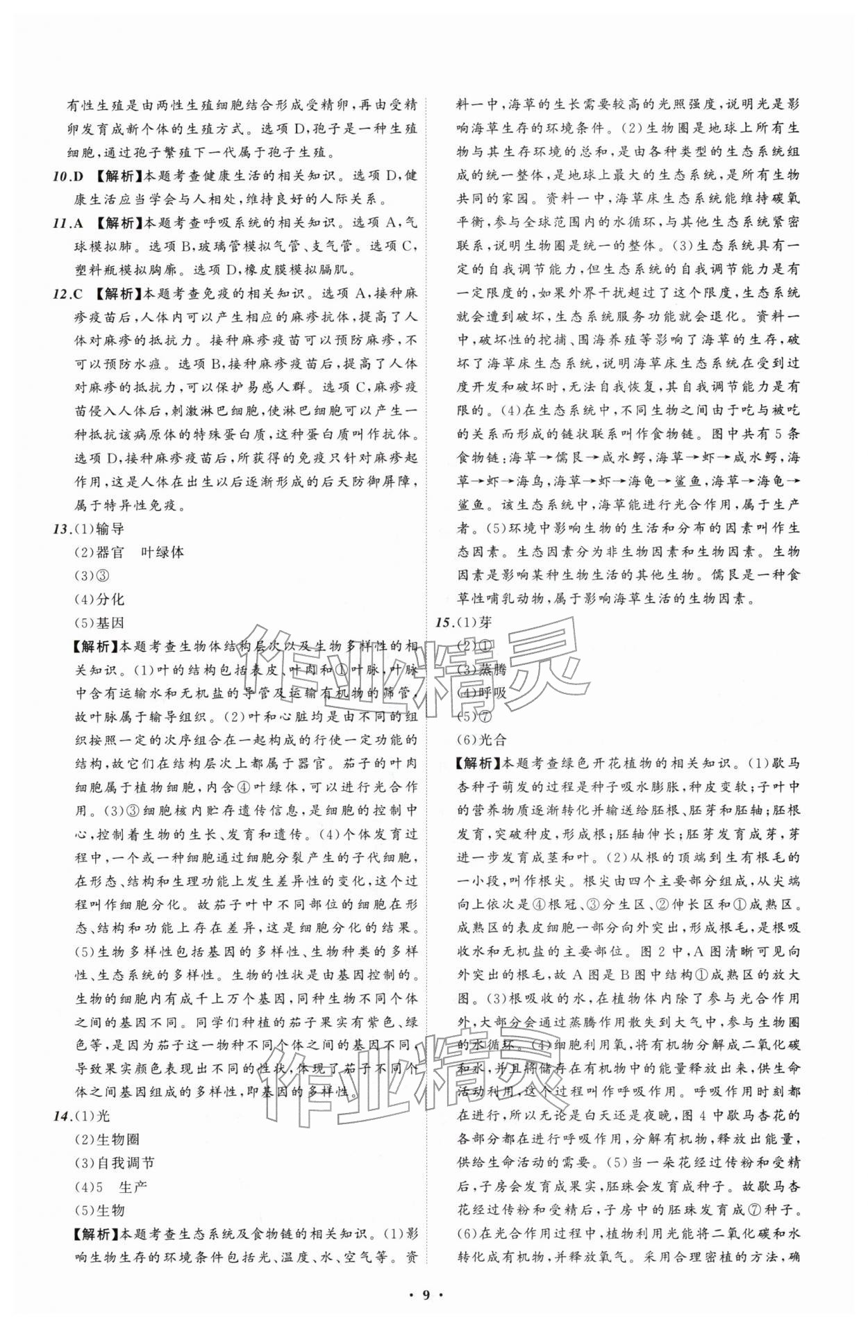2026年中考必备辽宁师范大学出版社生物辽宁专版&nbsp;参考答案第9页