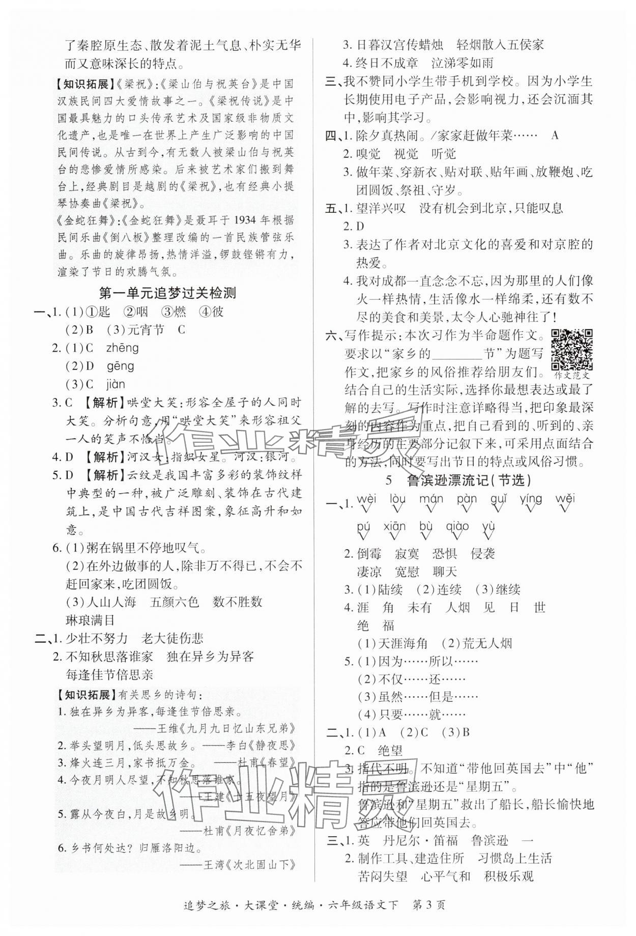 2025年追夢之旅大課堂六年級語文下冊人教版河南專版 參考答案第3頁