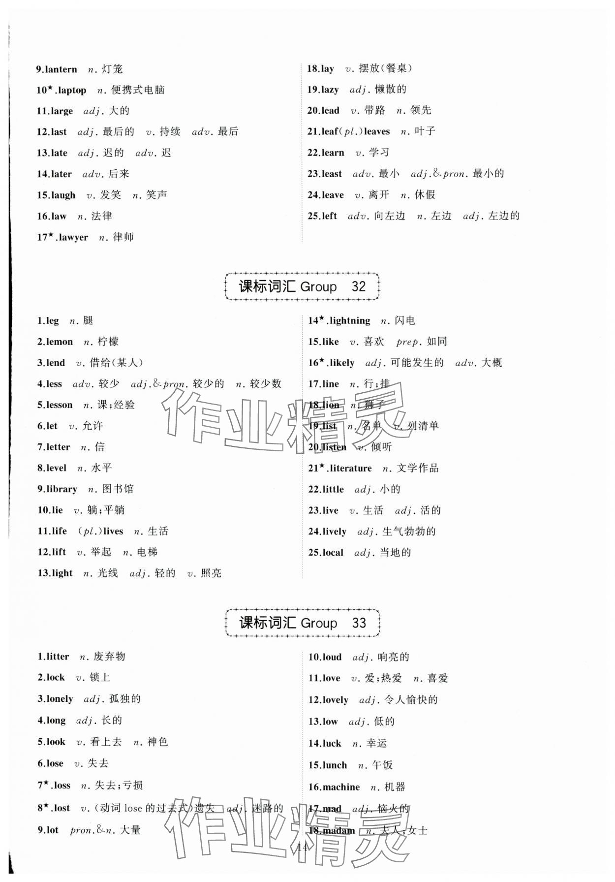 2024年名師面對面中考英語必備詞匯通關(guān)訓(xùn)練浙江專版 參考答案第14頁