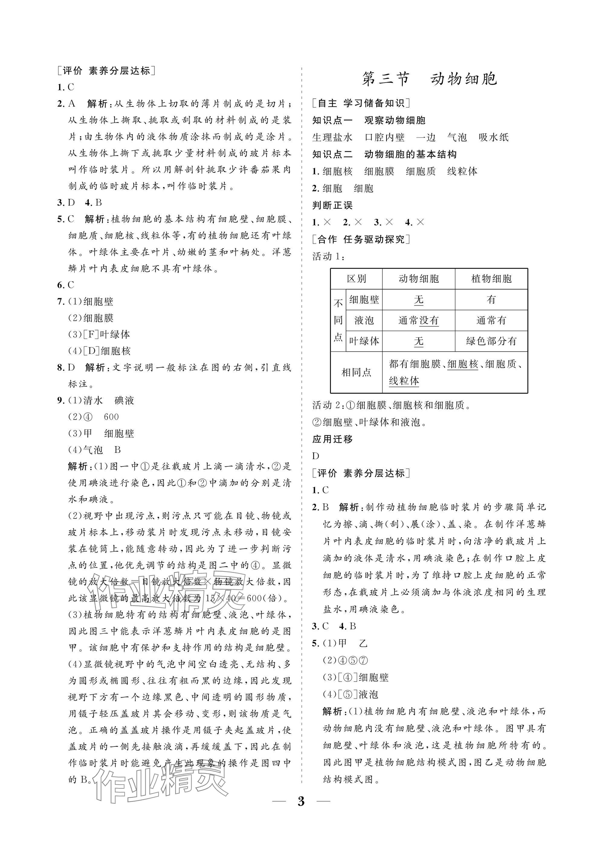 2025年配套综合练习甘肃七年级生物上册人教版 参考答案第3页