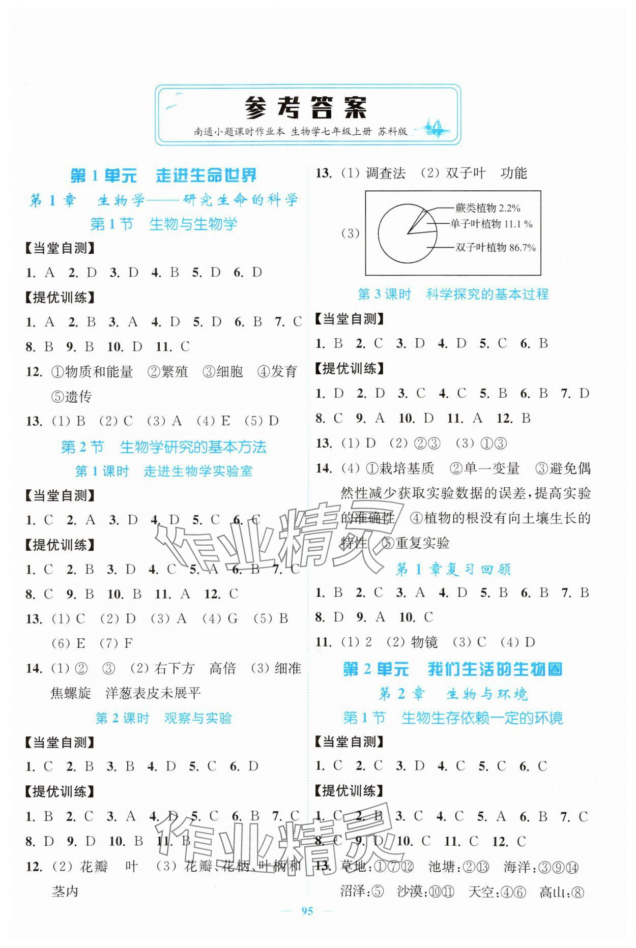 2025年南通小题课时作业本七年级生物上册苏科版 参考答案第1页