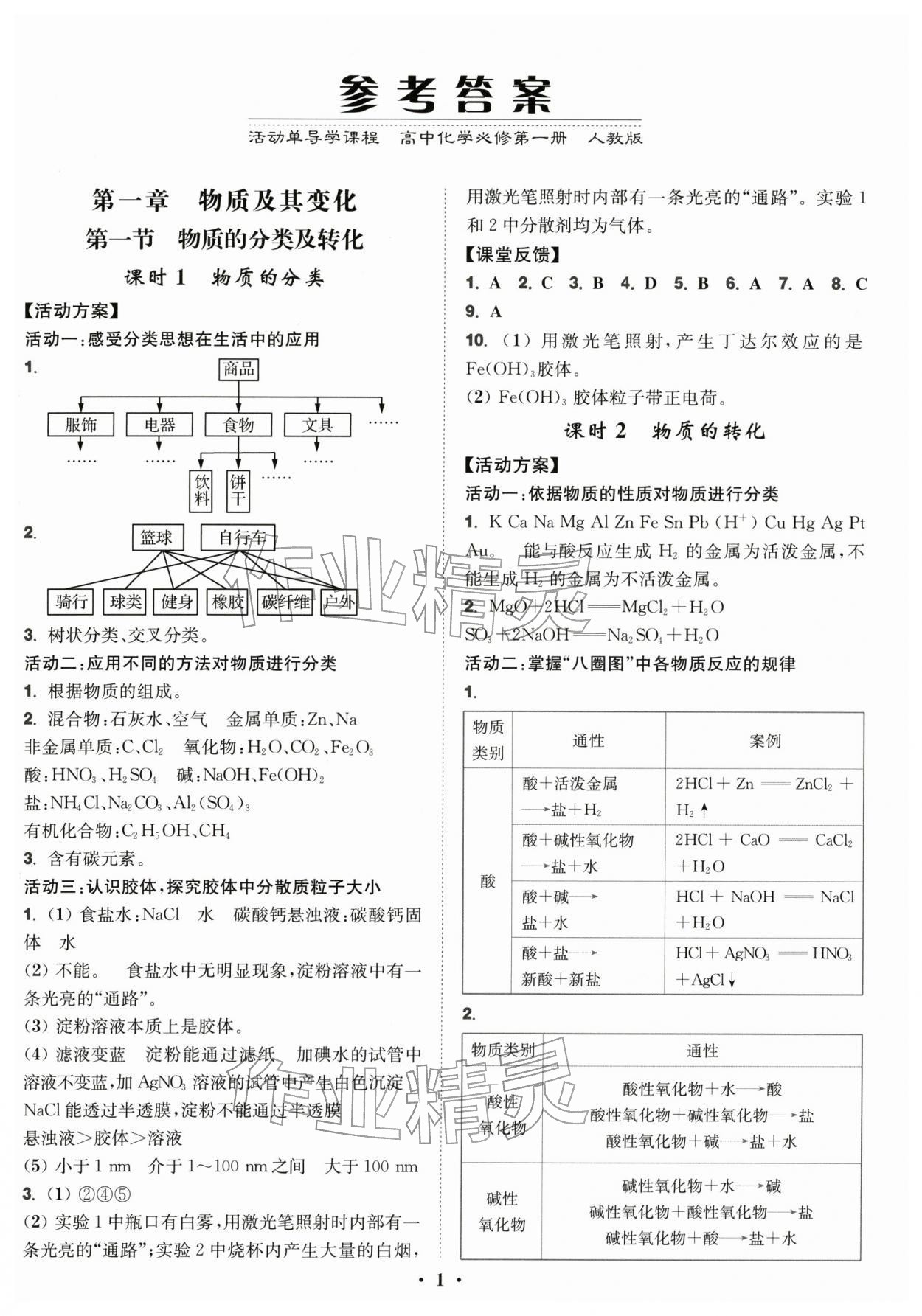 2025年活动单导学课程高中化学必修第一册人教版 第1页