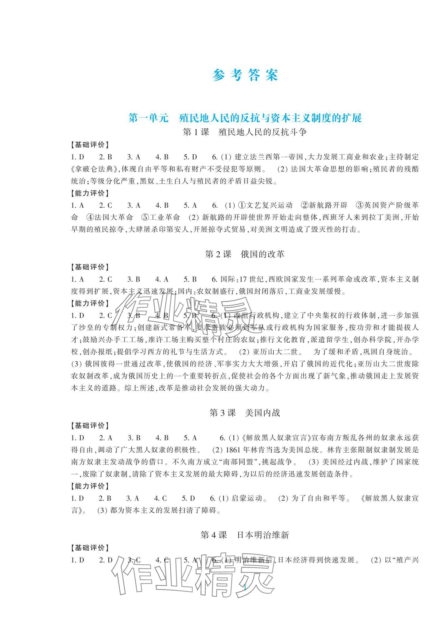 2025年學(xué)能評價九年級歷史下冊人教版 參考答案第1頁