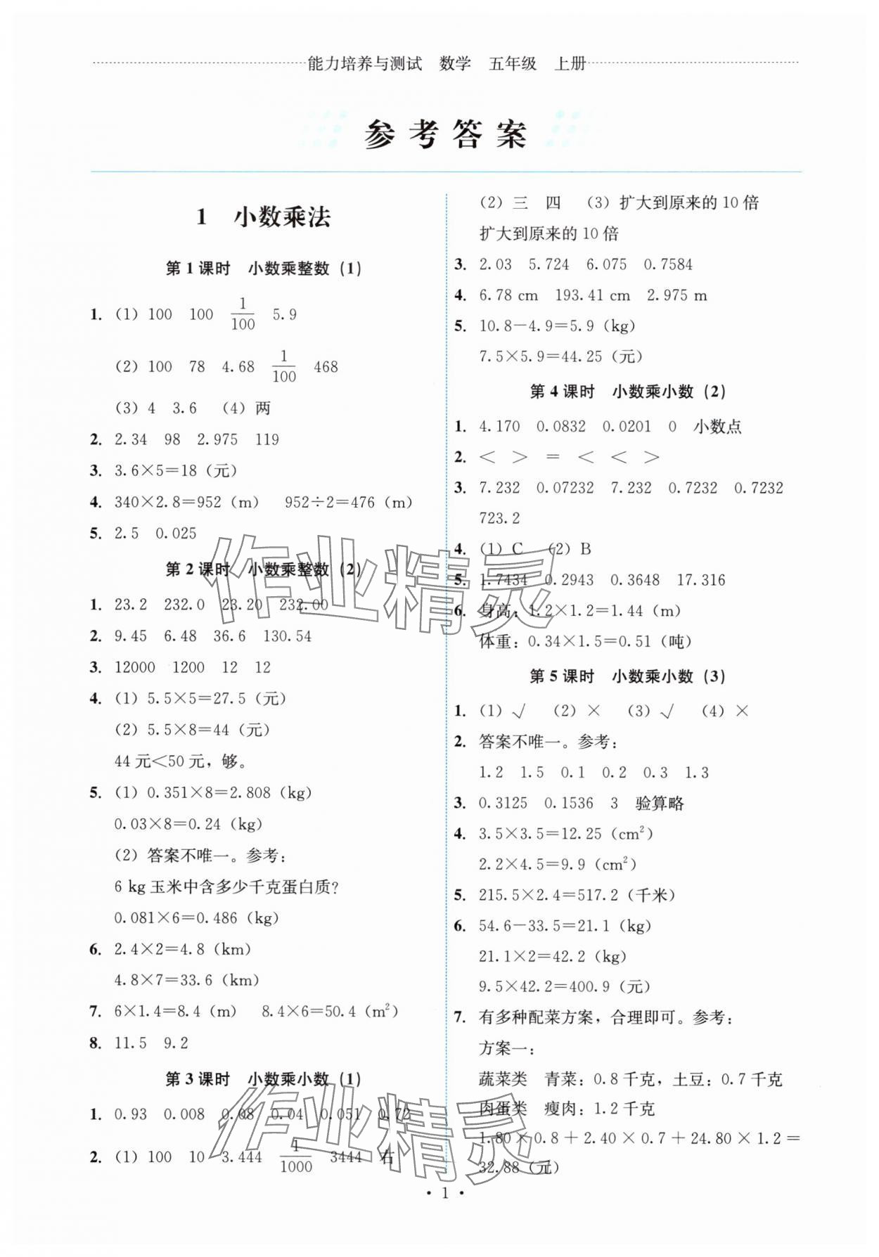 2025年能力培养与测试五年级数学上册人教版 第1页