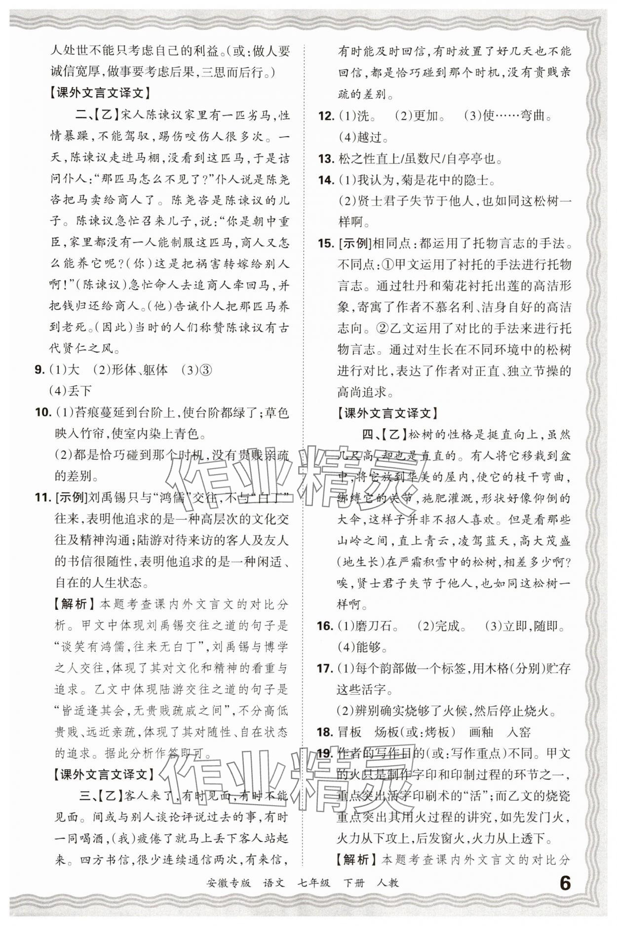 2025年王朝霞各地期末试卷精选七年级语文下册人教版安徽专版 参考答案第6页