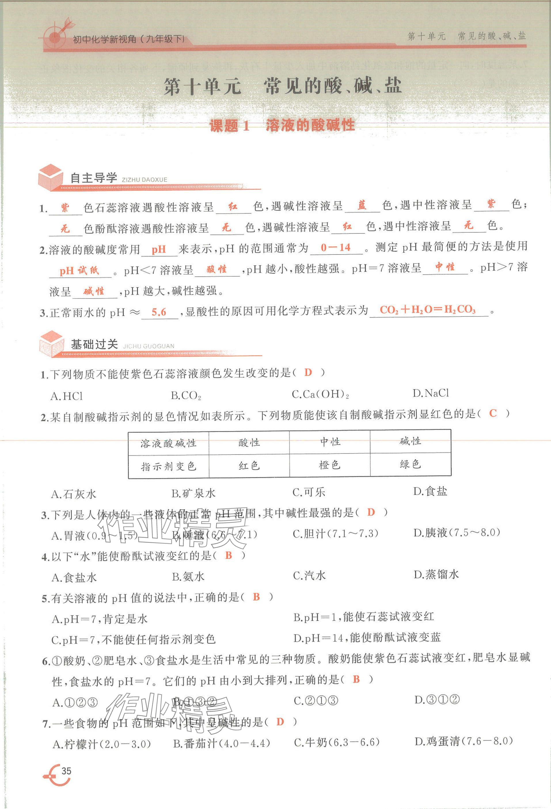 2025年新視角教輔系列叢書化學(xué)九年級(jí)下冊(cè)人教版 參考答案第35頁