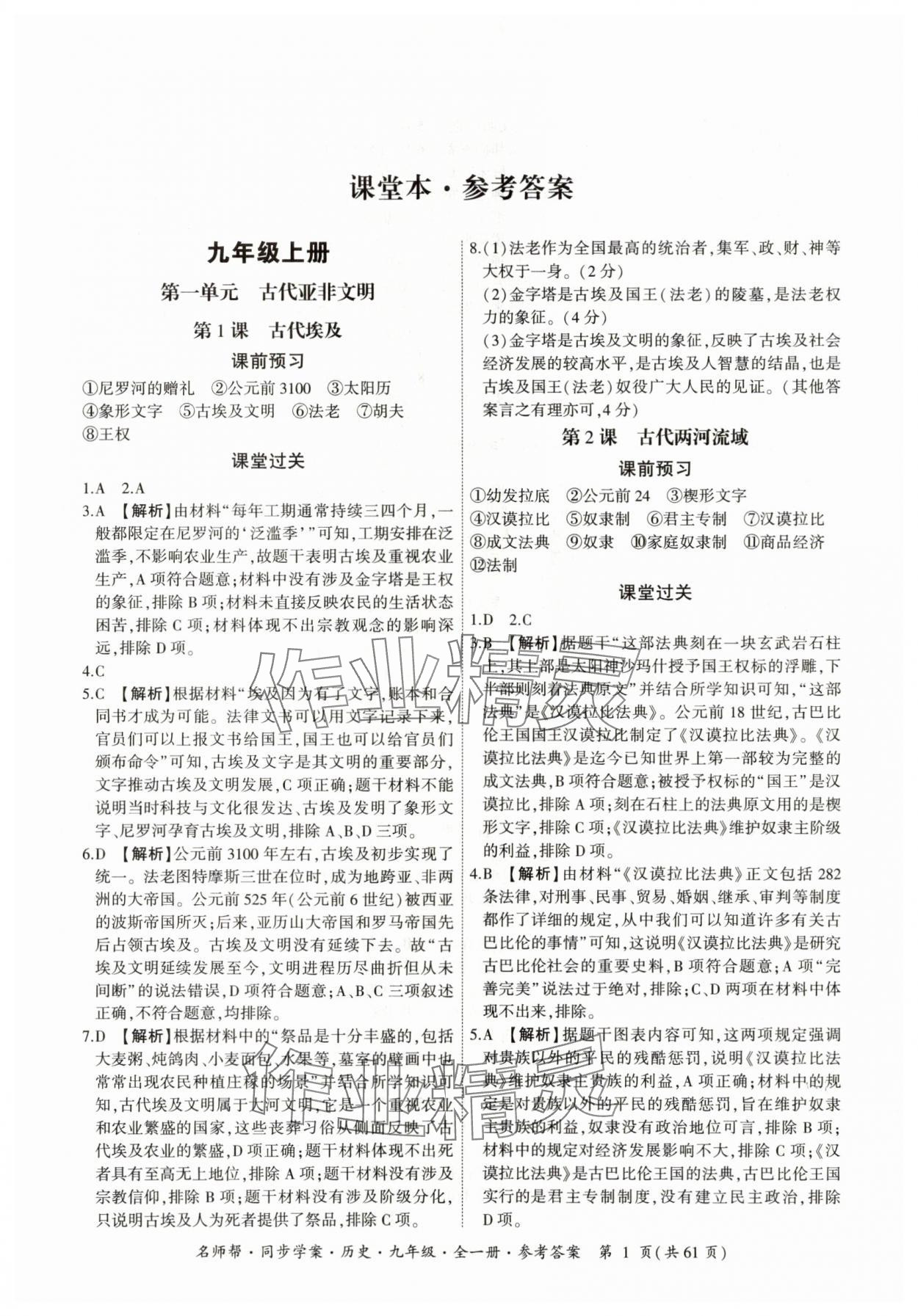 2025年名師幫同步學案九年級歷史全一冊人教版 參考答案第1頁