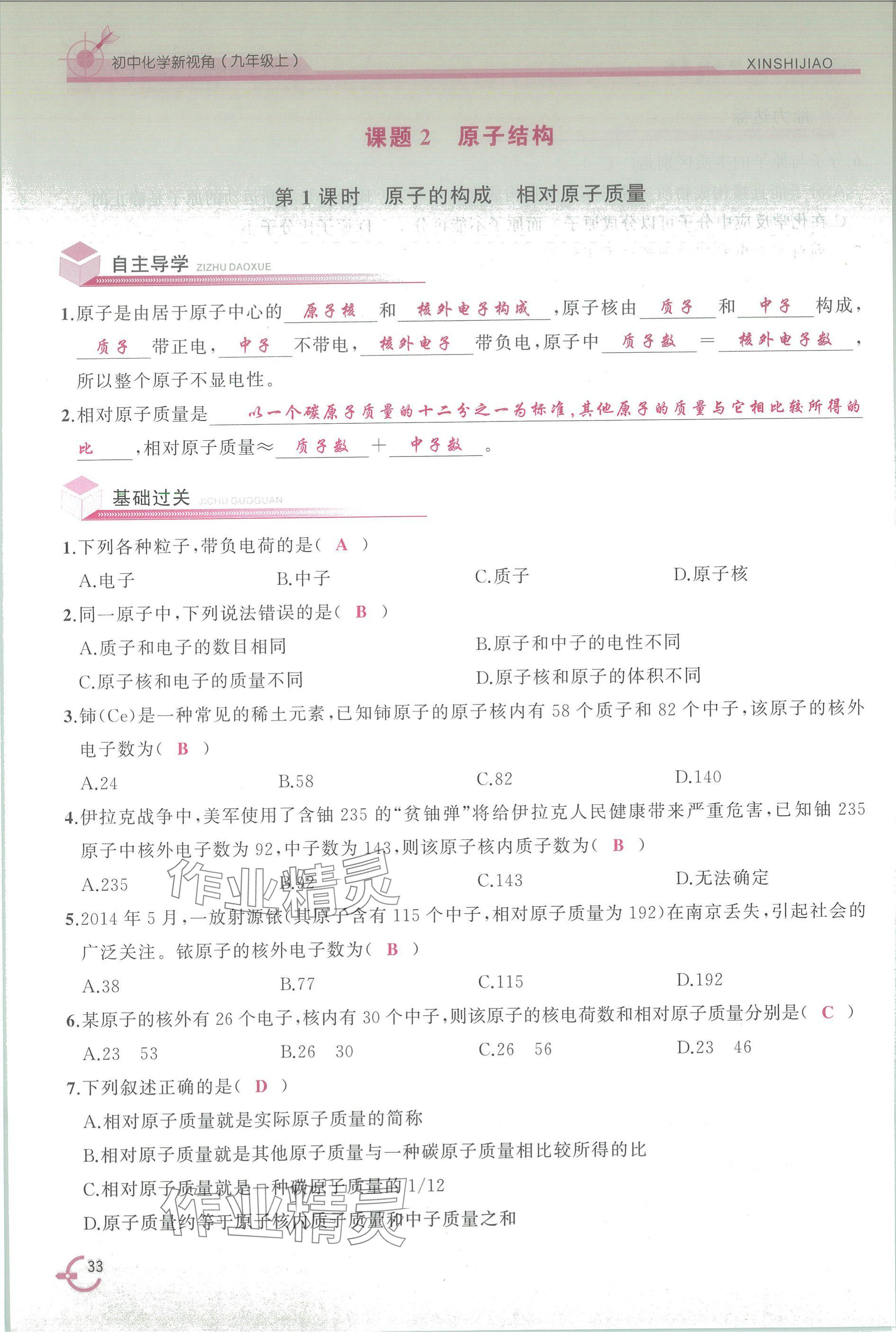 2025年新视角教辅系列丛书九年级化学上册人教版 参考答案第33页