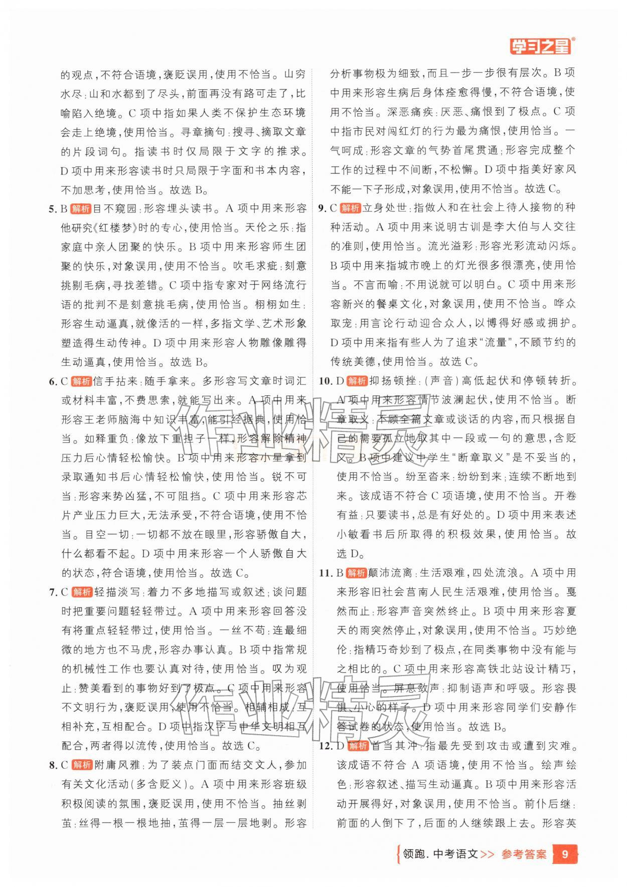 25年领跑中考语文一轮总复习辽宁专版&nbsp;参考答案第9页