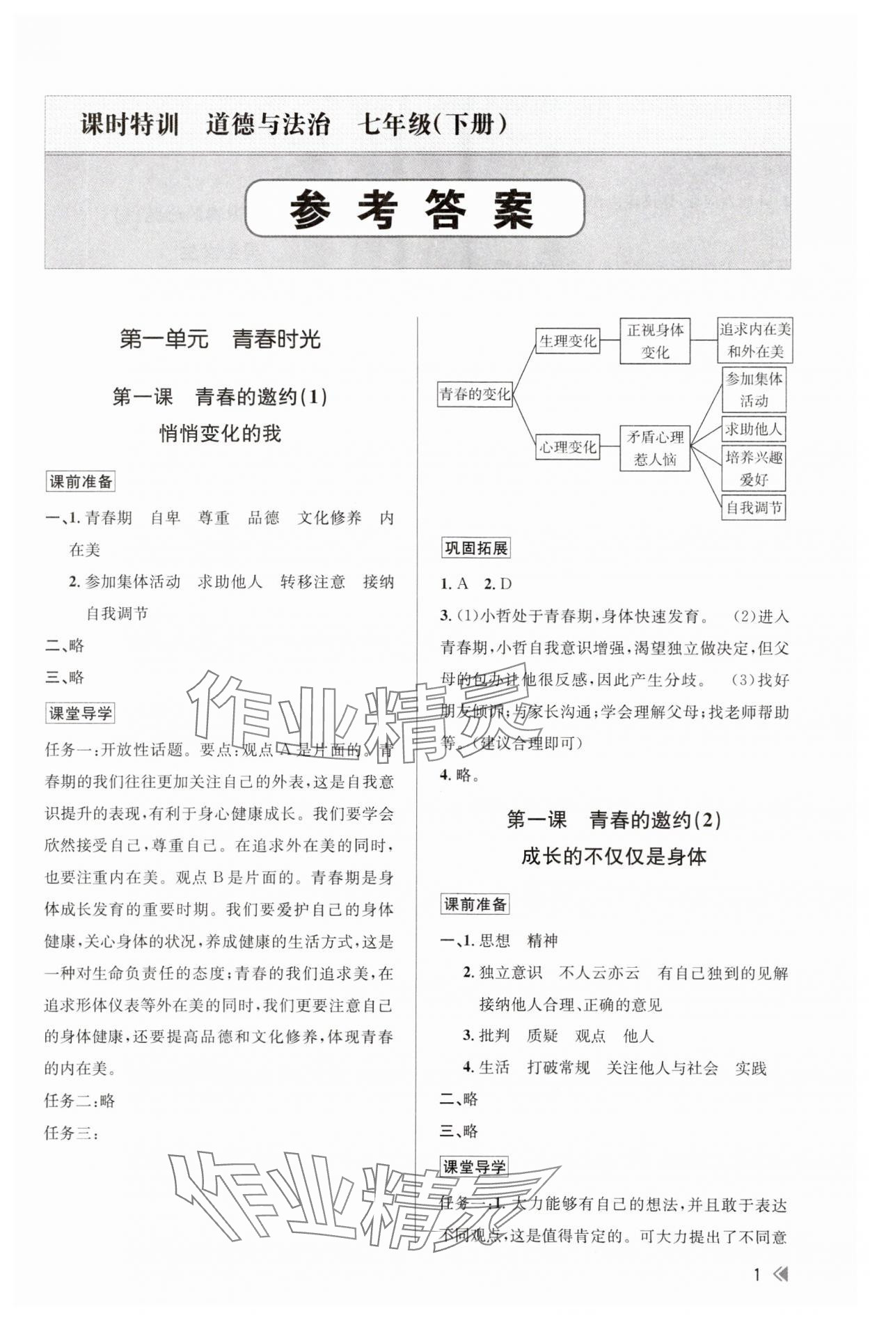 2024年浙江新課程三維目標(biāo)測(cè)評(píng)課時(shí)特訓(xùn)七年級(jí)道德與法治下冊(cè)人教版 參考答案第1頁(yè)