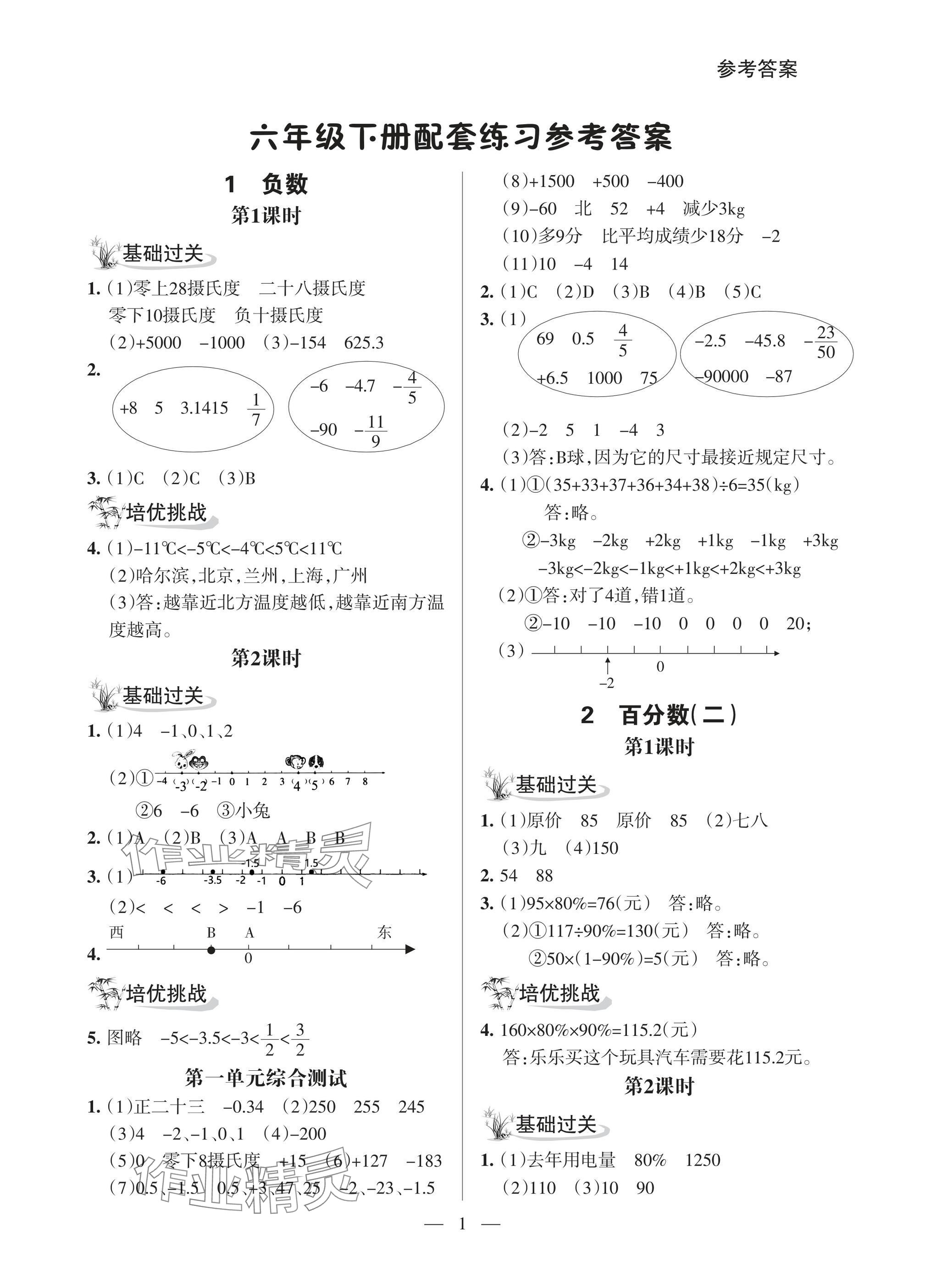 2025年配套練習(xí)與檢測六年級數(shù)學(xué)下冊人教版 參考答案第1頁