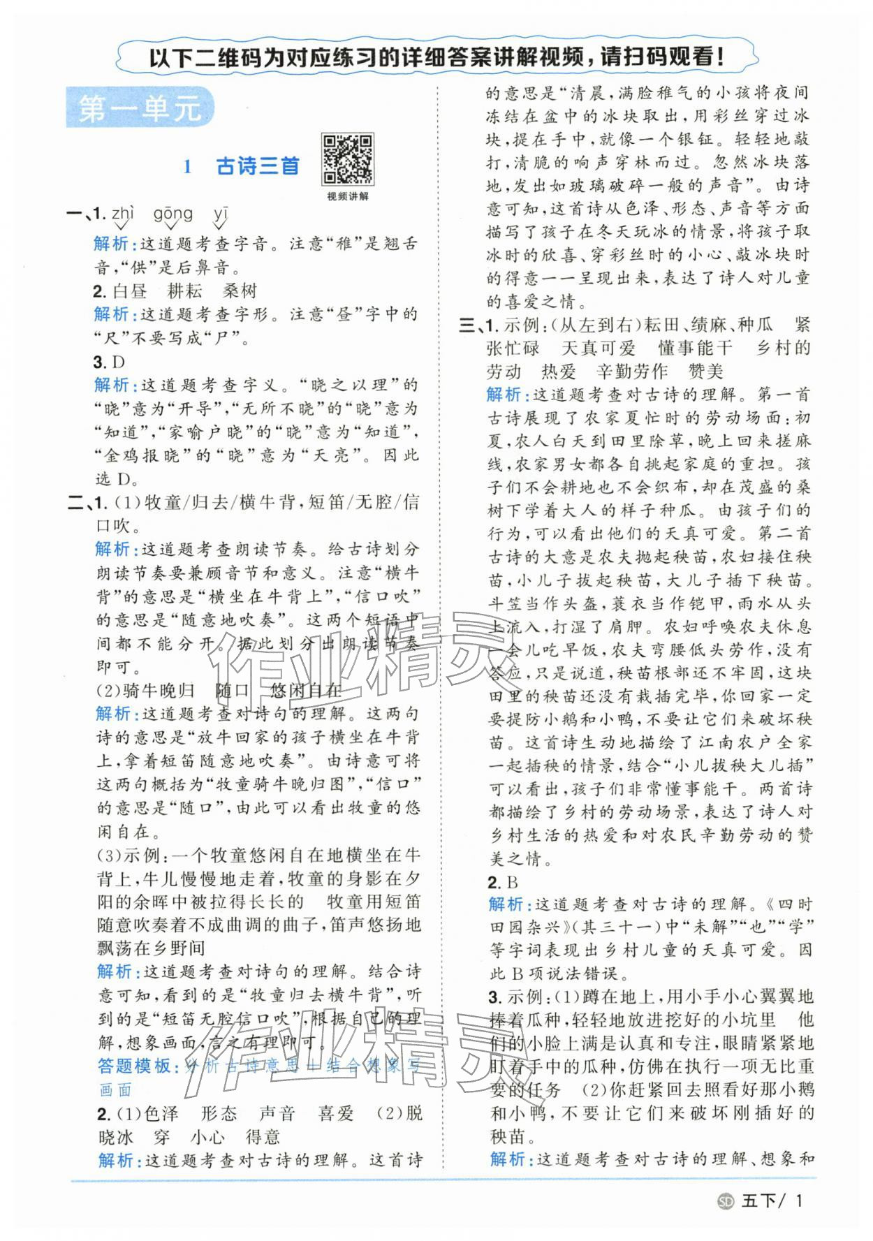 2026年阳光同学课时优化作业五年级语文下册人教版山东专版&nbsp;第1页