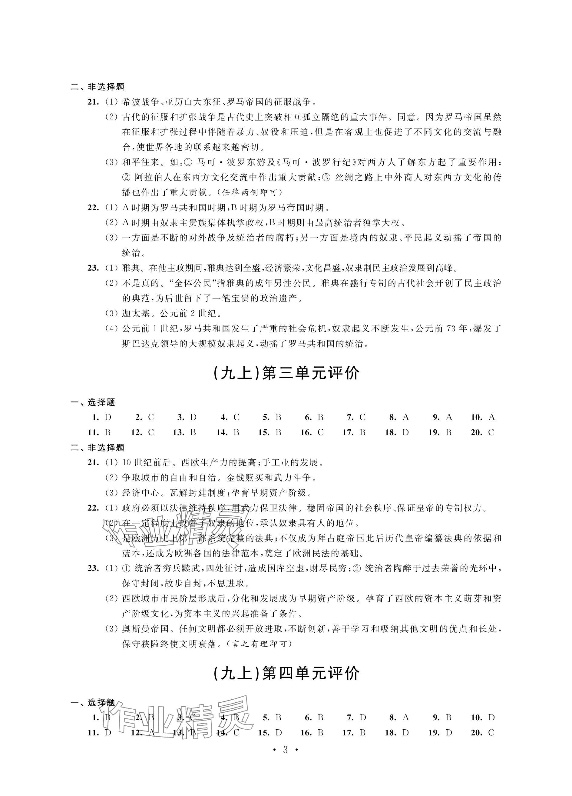 2023年自我提升與評價九年級歷史上冊人教版 參考答案第3頁