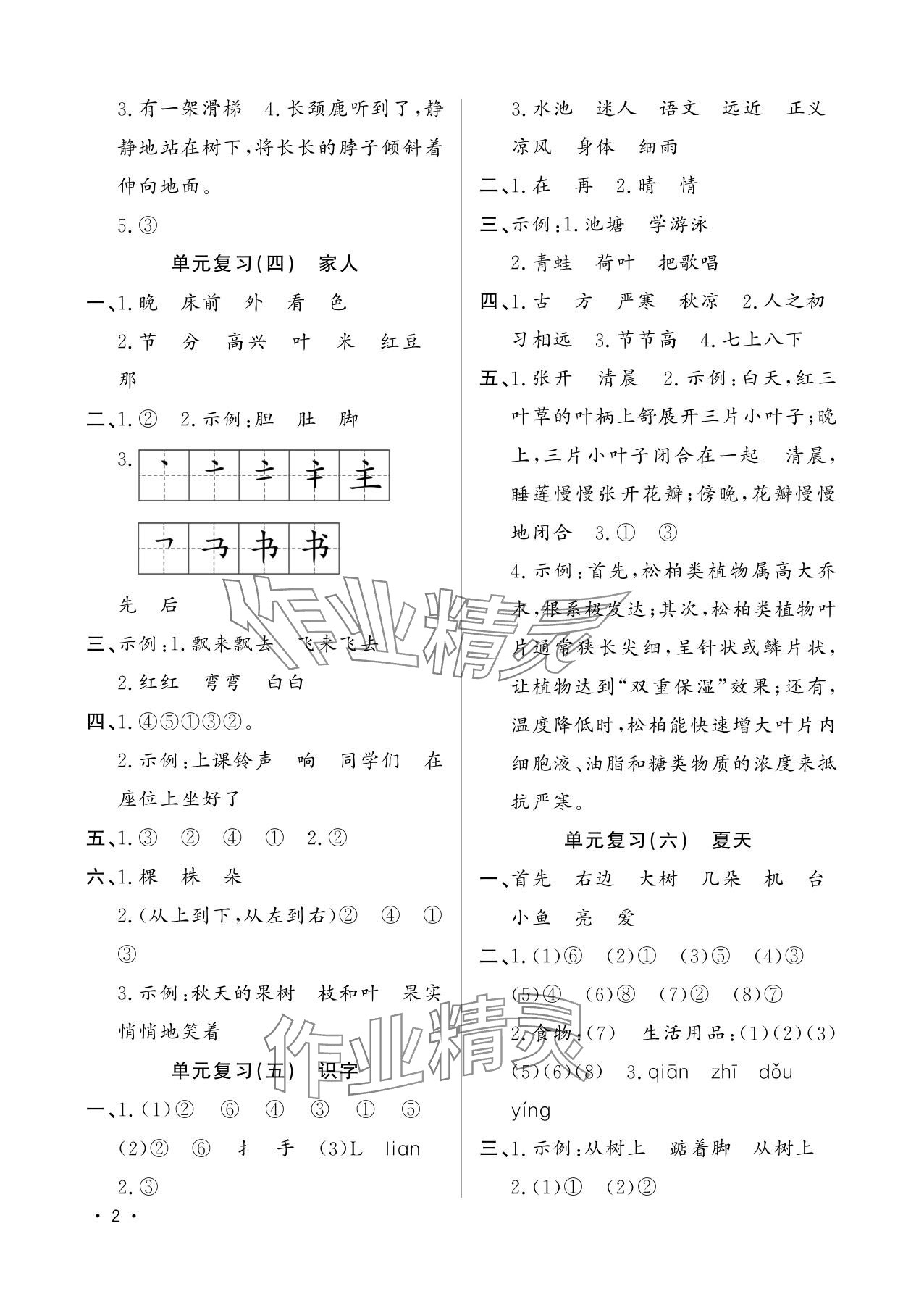 2025年小学暑假作业一年级山东文艺出版社 参考答案第2页