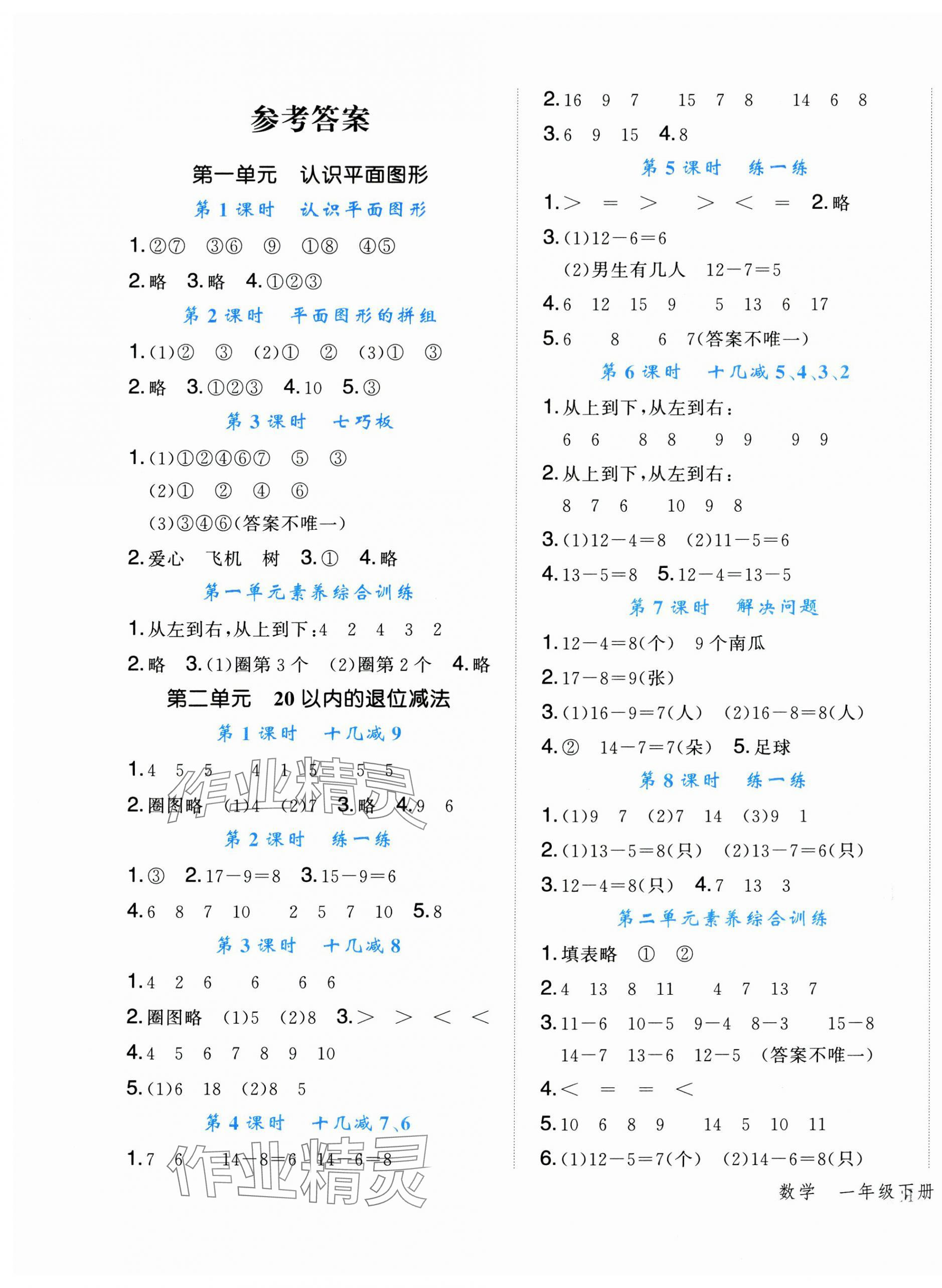 2025年名師面對面先學(xué)后練一年級數(shù)學(xué)下冊人教版 參考答案第1頁