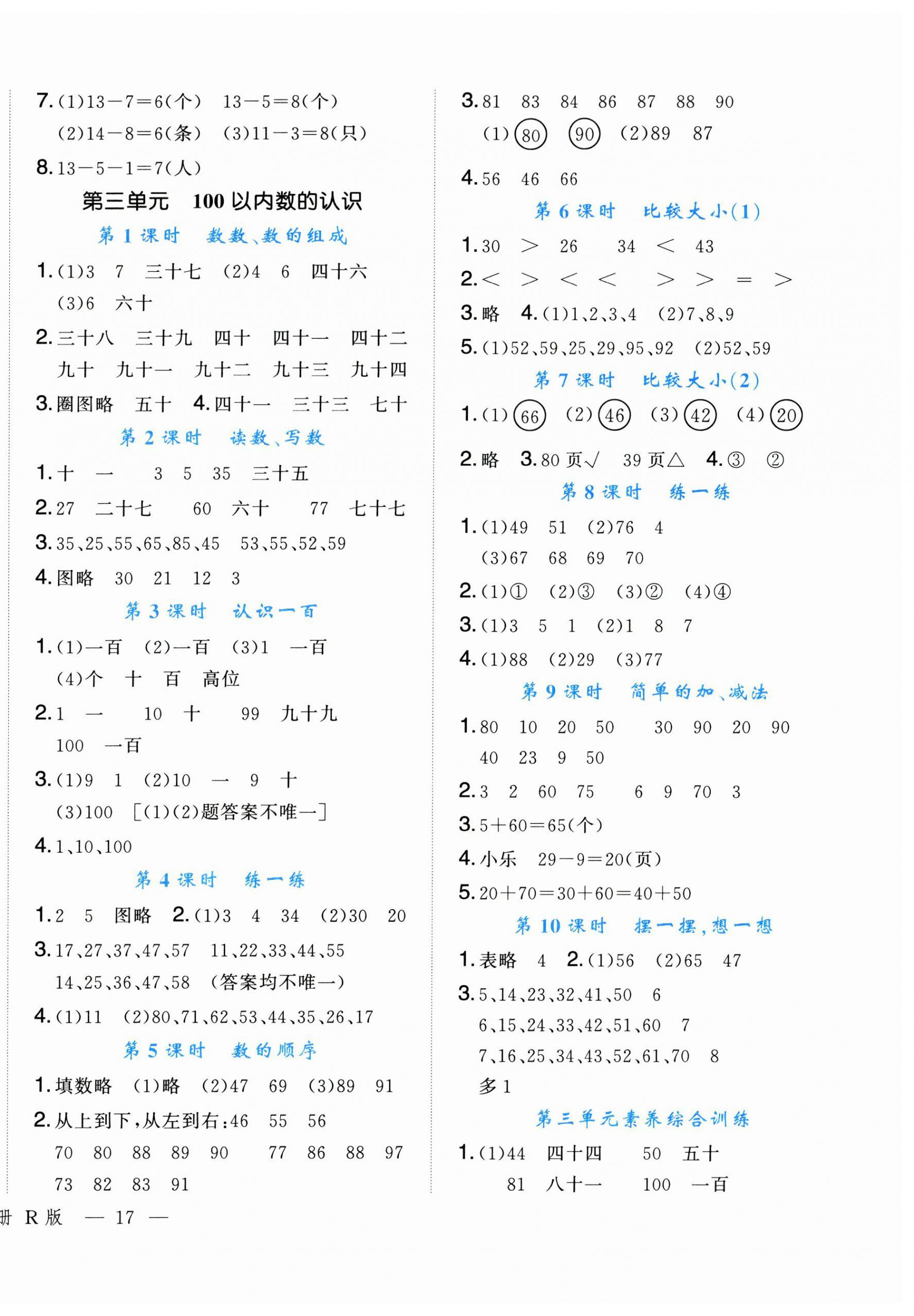 2025年名師面對(duì)面先學(xué)后練一年級(jí)數(shù)學(xué)下冊(cè)人教版 參考答案第2頁