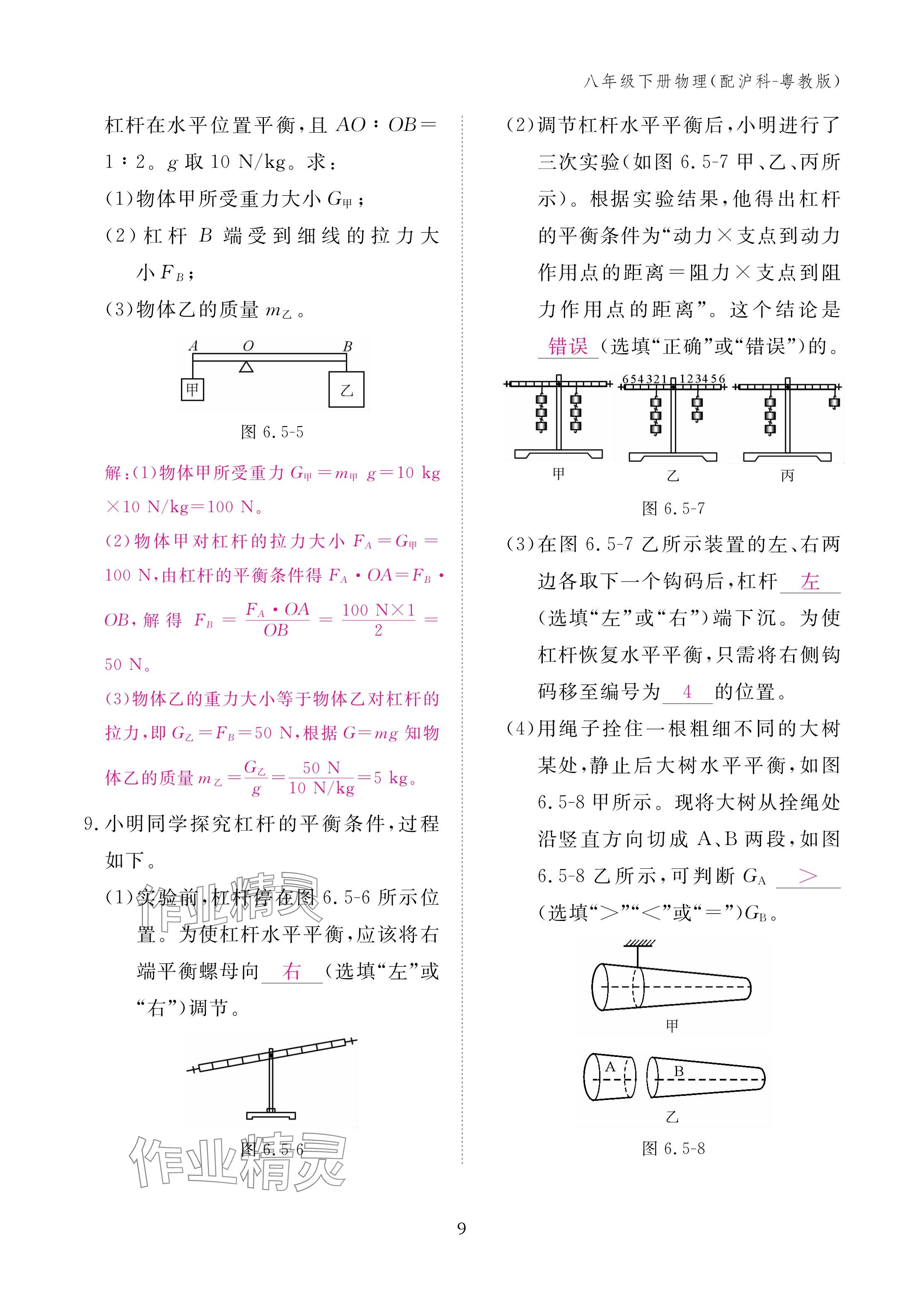 2024年作业本江西教育出版社八年级物理下册沪粤版 参考答案第9页