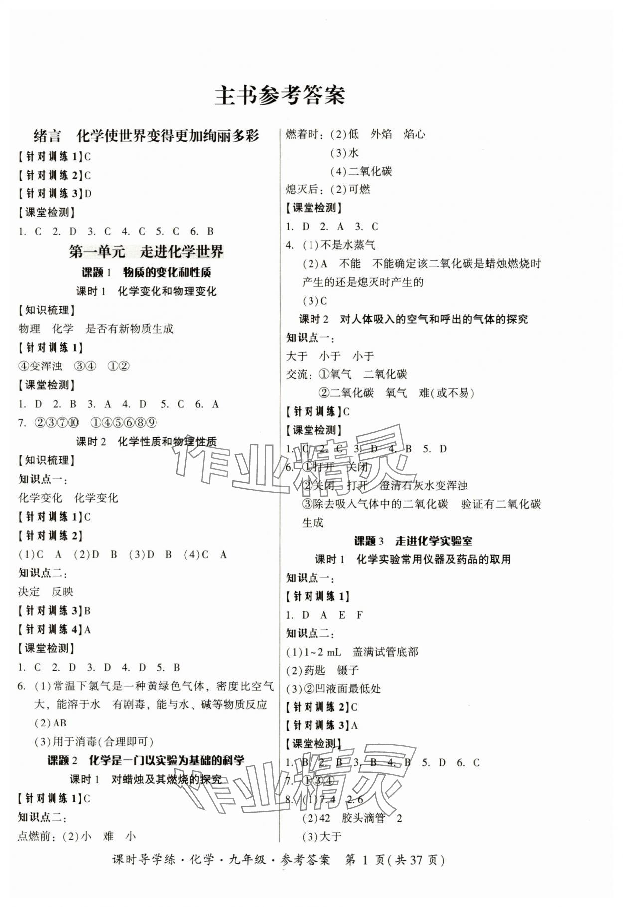 2023年課時(shí)導(dǎo)學(xué)練九年級化學(xué)全一冊人教版 參考答案第1頁