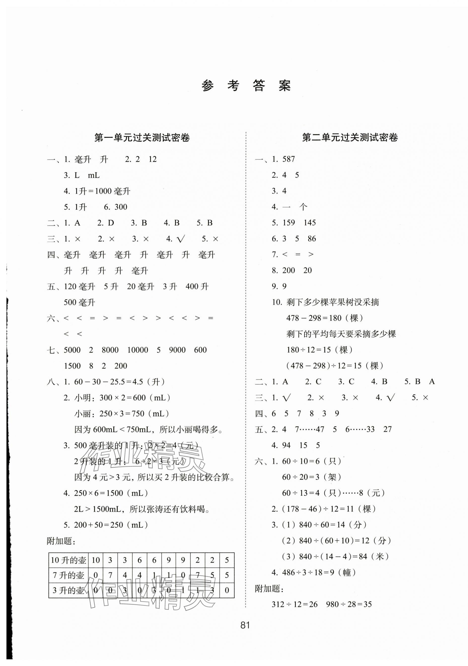 2024年期末沖刺100分完全試卷四年級數(shù)學(xué)上冊蘇教版 參考答案第1頁