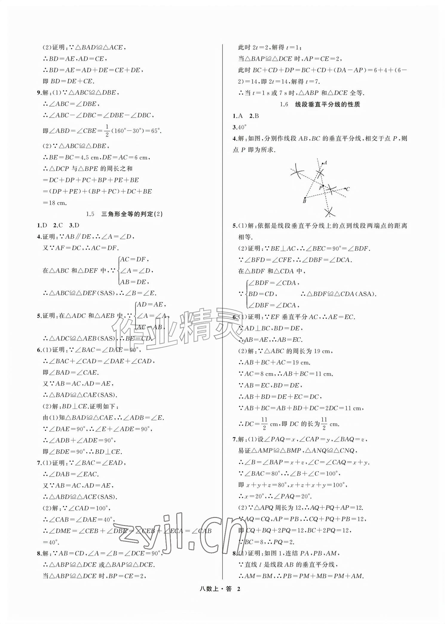 2026年名师面对面学科素养评价八年级数学上册浙教版&nbsp;参考答案第2页