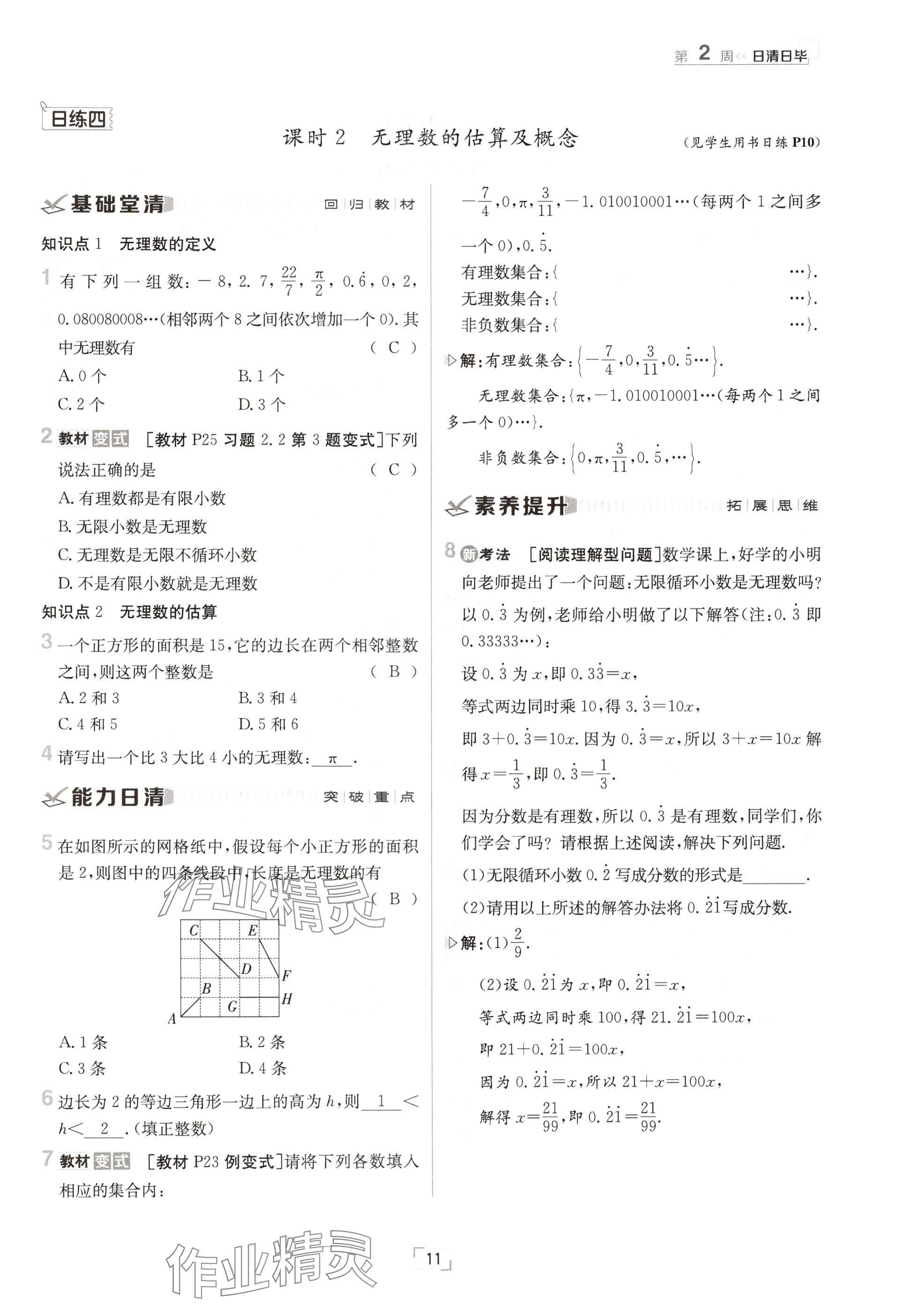 2024年日清周练八年级数学上册北师大版 参考答案第11页