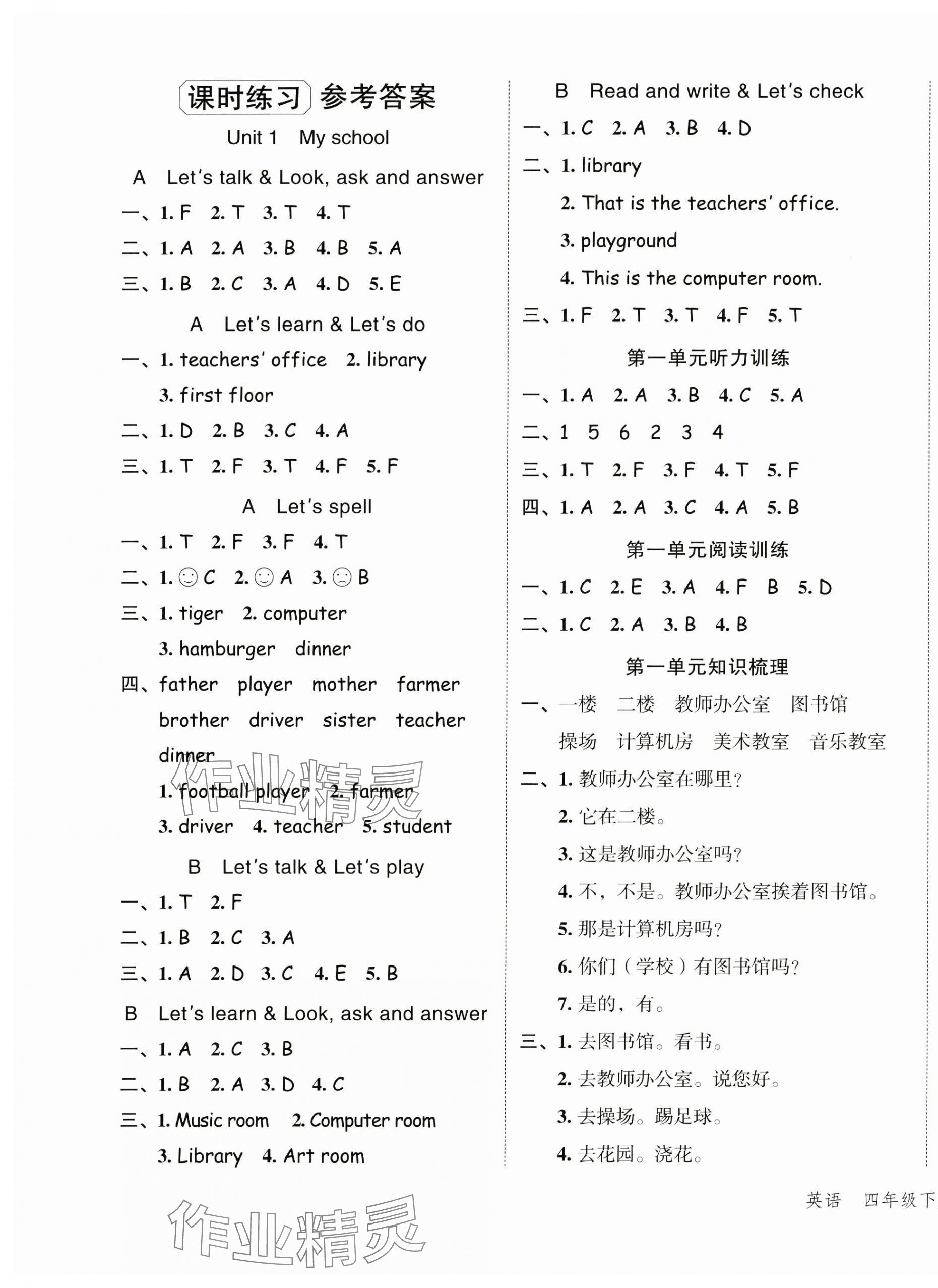 2025年名師面對面先學(xué)后練四年級英語下冊人教版 參考答案第1頁