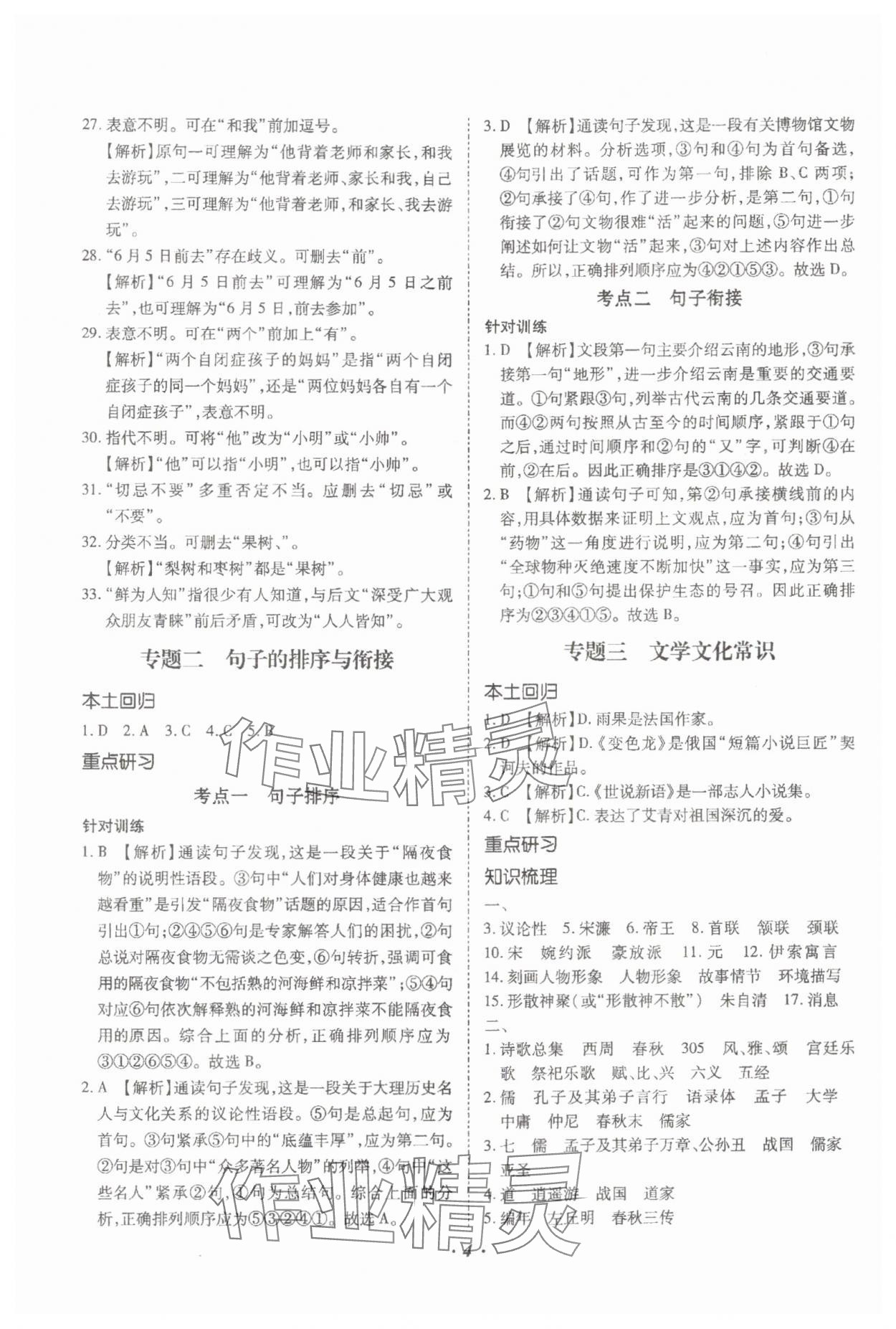 2024年本土攻略精準(zhǔn)復(fù)習(xí)方案語文云南專版 參考答案第4頁