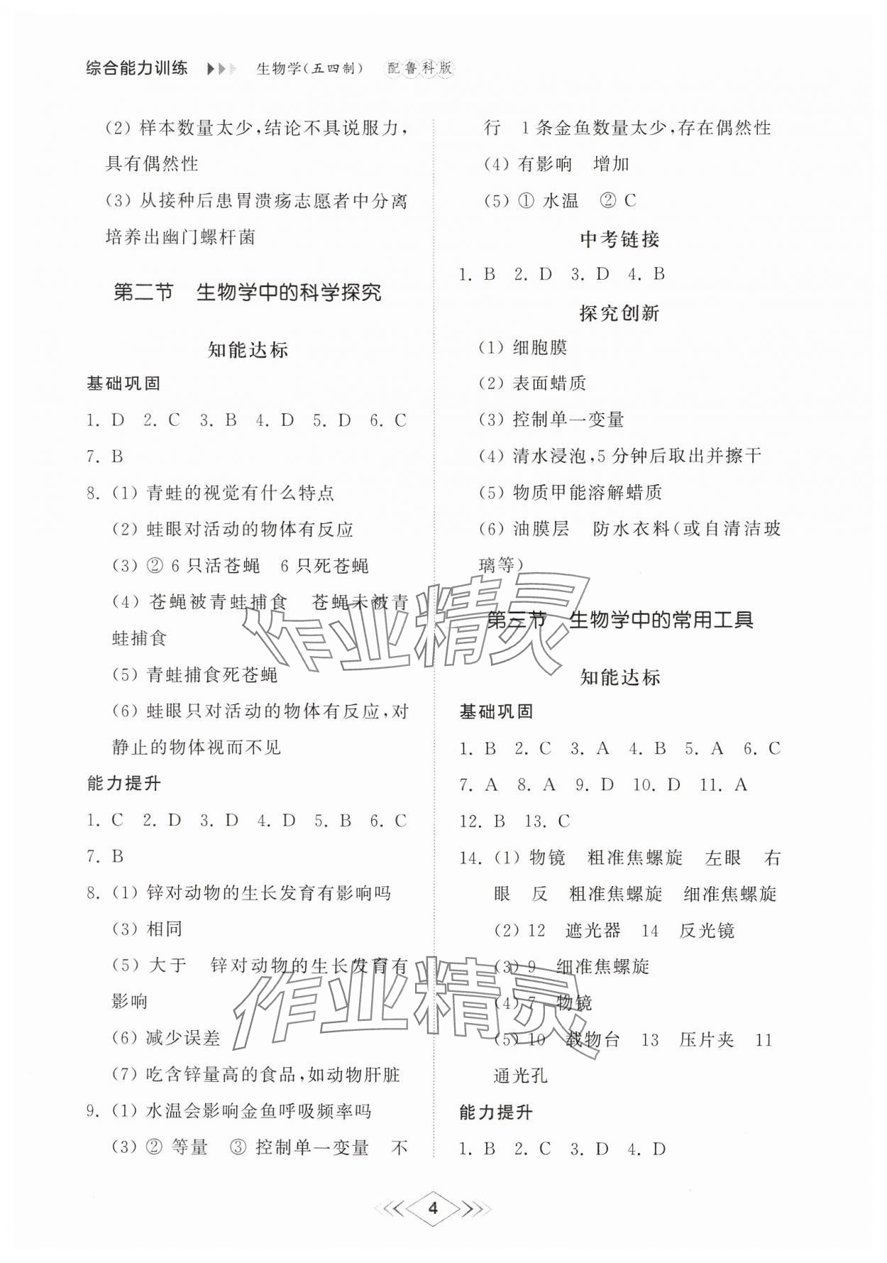 2024年綜合能力訓(xùn)練六年級生物上冊魯科版54制 參考答案第3頁