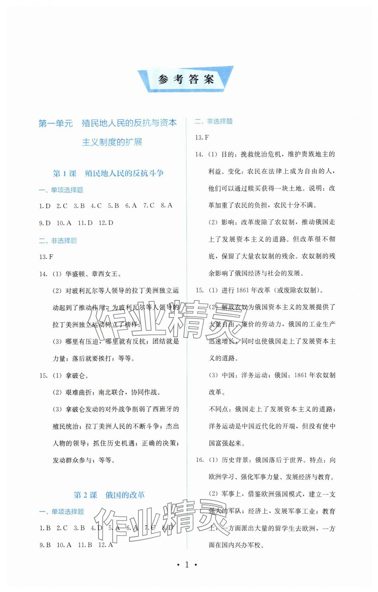 2025年人教金学典同步解析与测评九年级历史下册人教版 参考答案第1页