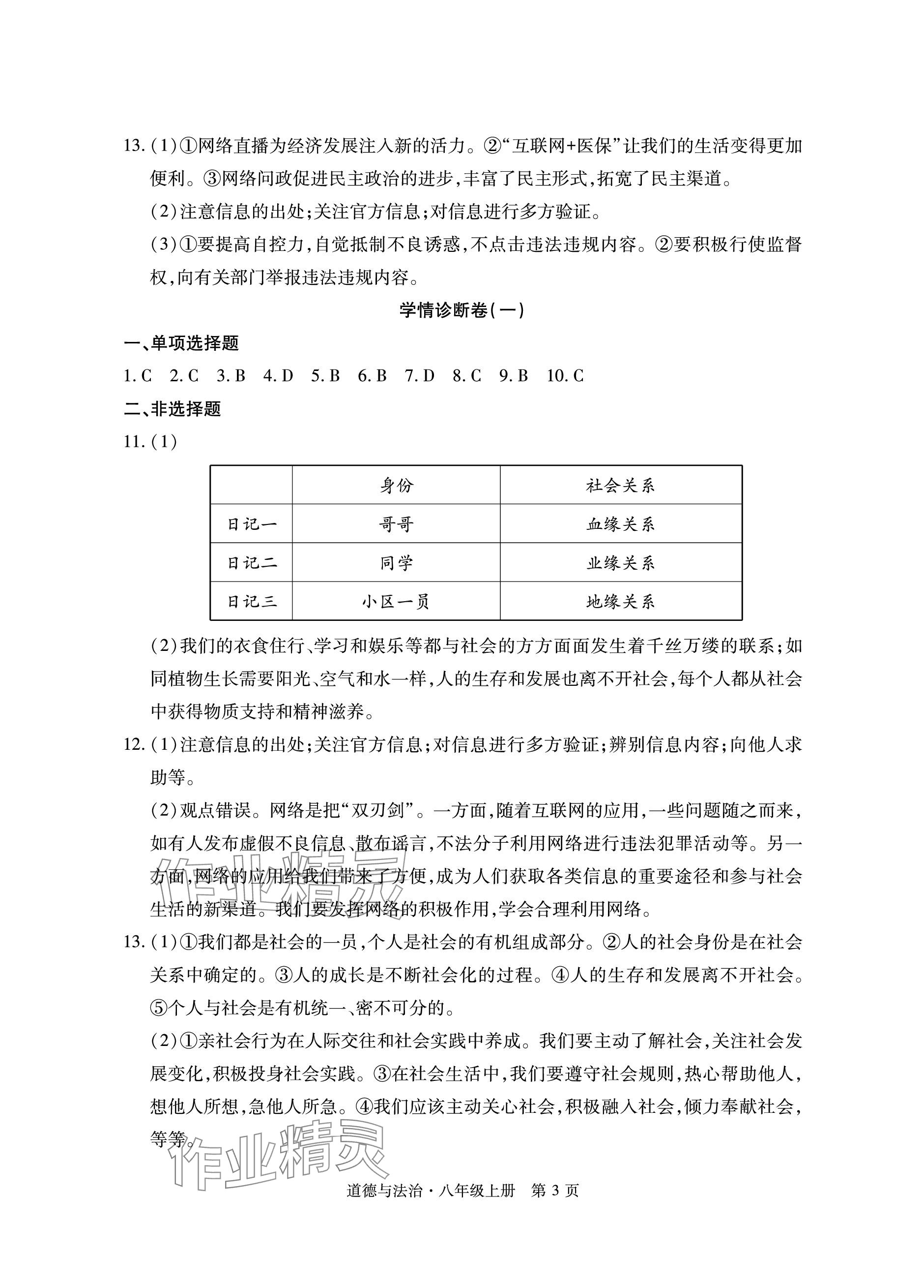 2023年初中同步練習冊自主測試卷八年級道德與法治上冊人教版 參考答案第3頁