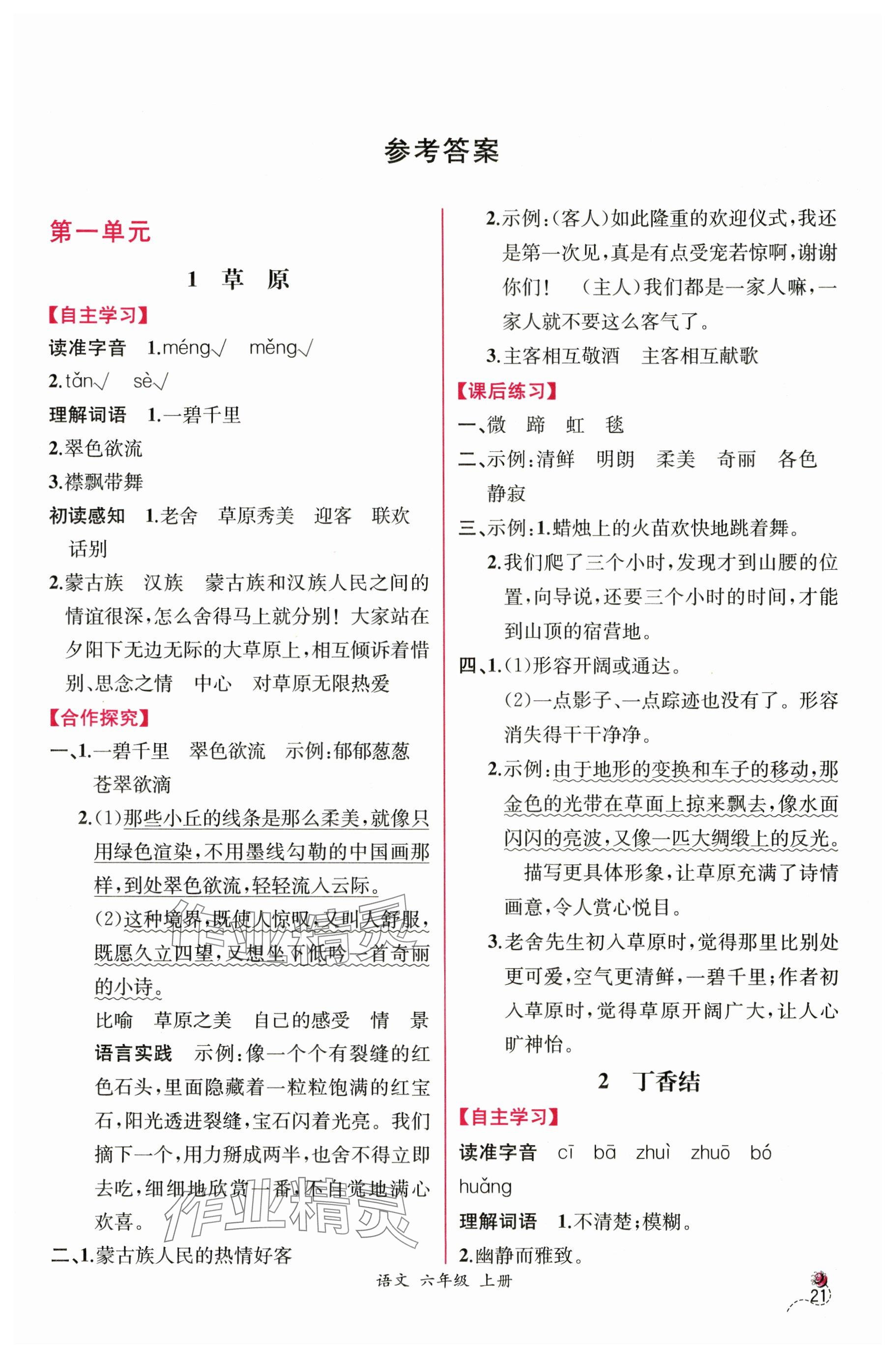 2025年课时练人民教育出版社六年级语文上册人教版 参考答案第1页