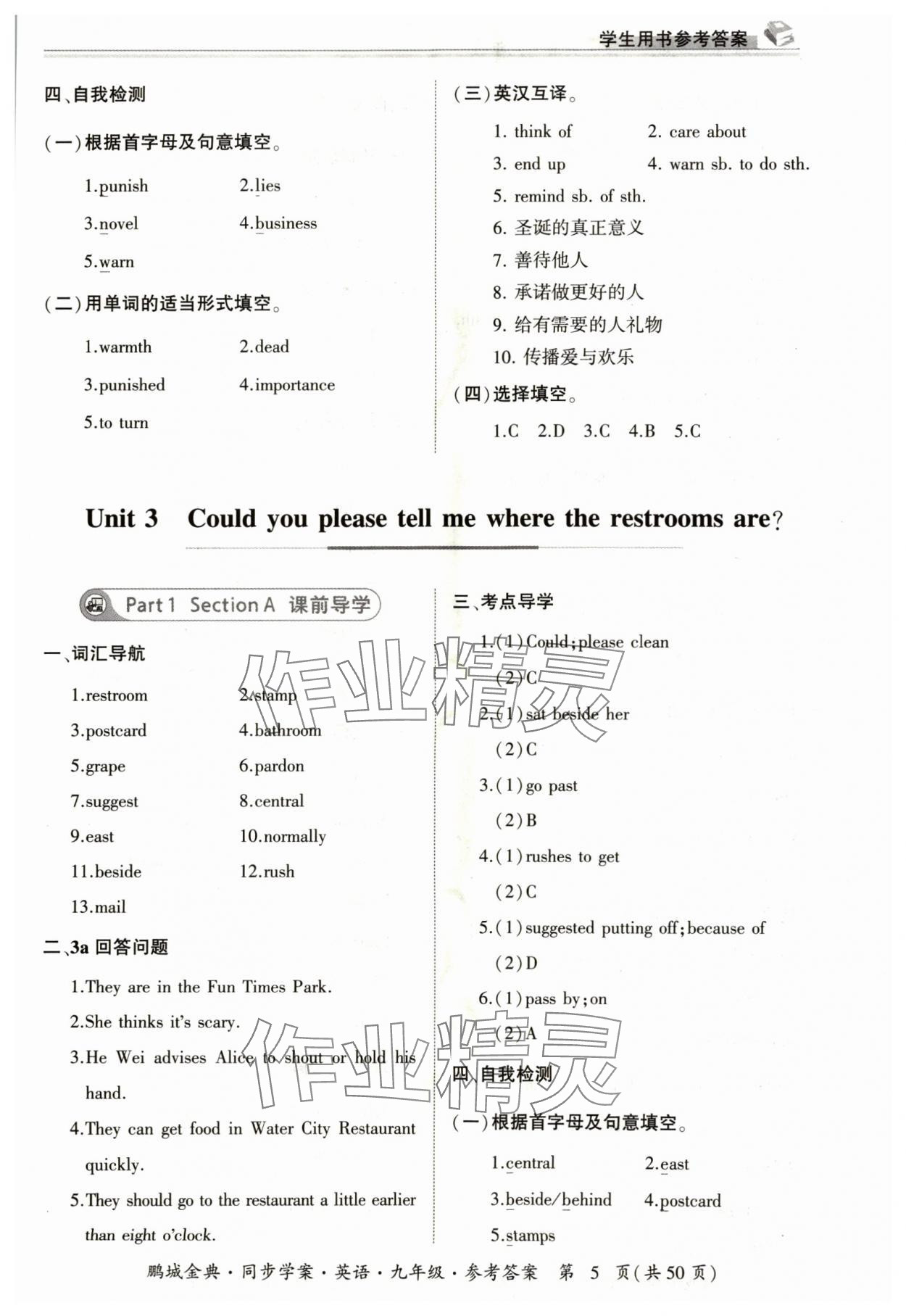 2024年名師幫同步學(xué)案九年級(jí)英語(yǔ)全一冊(cè)人教版 參考答案第5頁(yè)