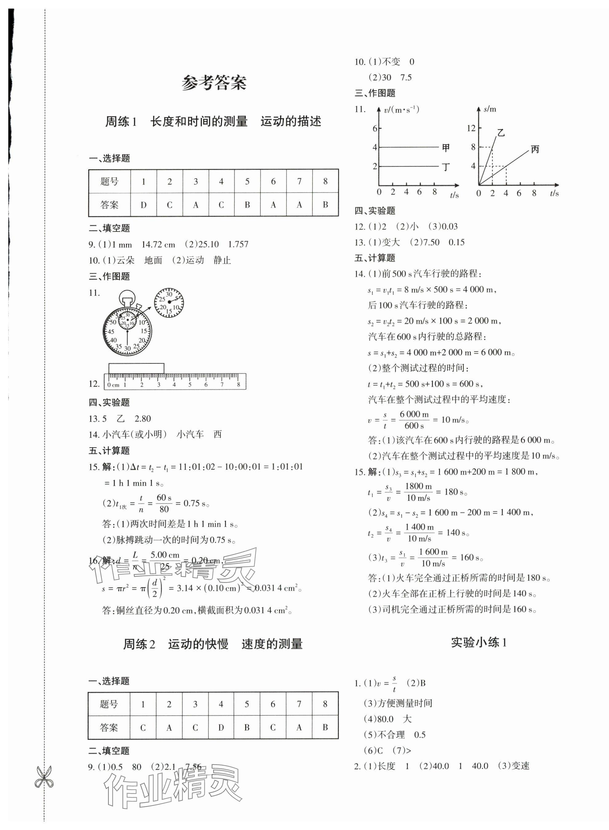 2025年优学1+1评价与测试八年级物理上册人教版 参考答案第1页