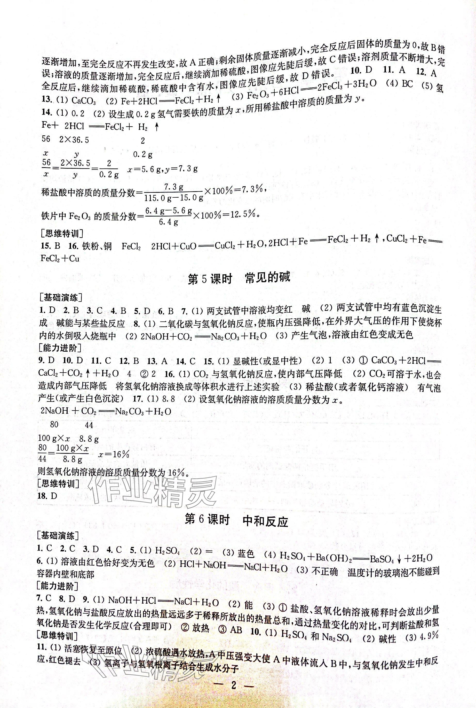 2024年綜合素質(zhì)隨堂反饋九年級化學(xué)下冊滬教版 參考答案第2頁